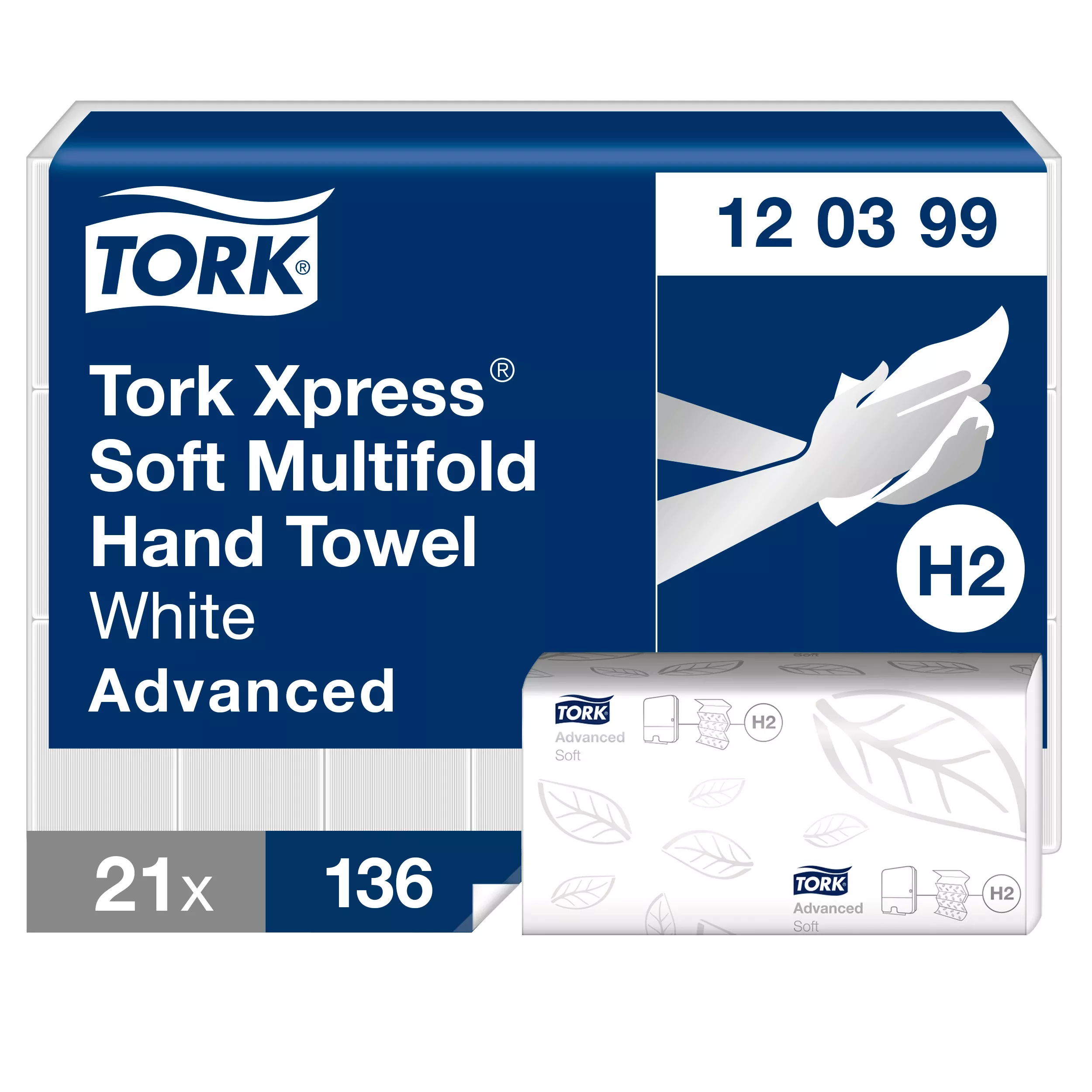 Tork Xpress® große Multifold-Handtücher Weiß H2, Advanced-Qualität, 2-lagig, saugfähig, 21 × 136 Tücher, 120399