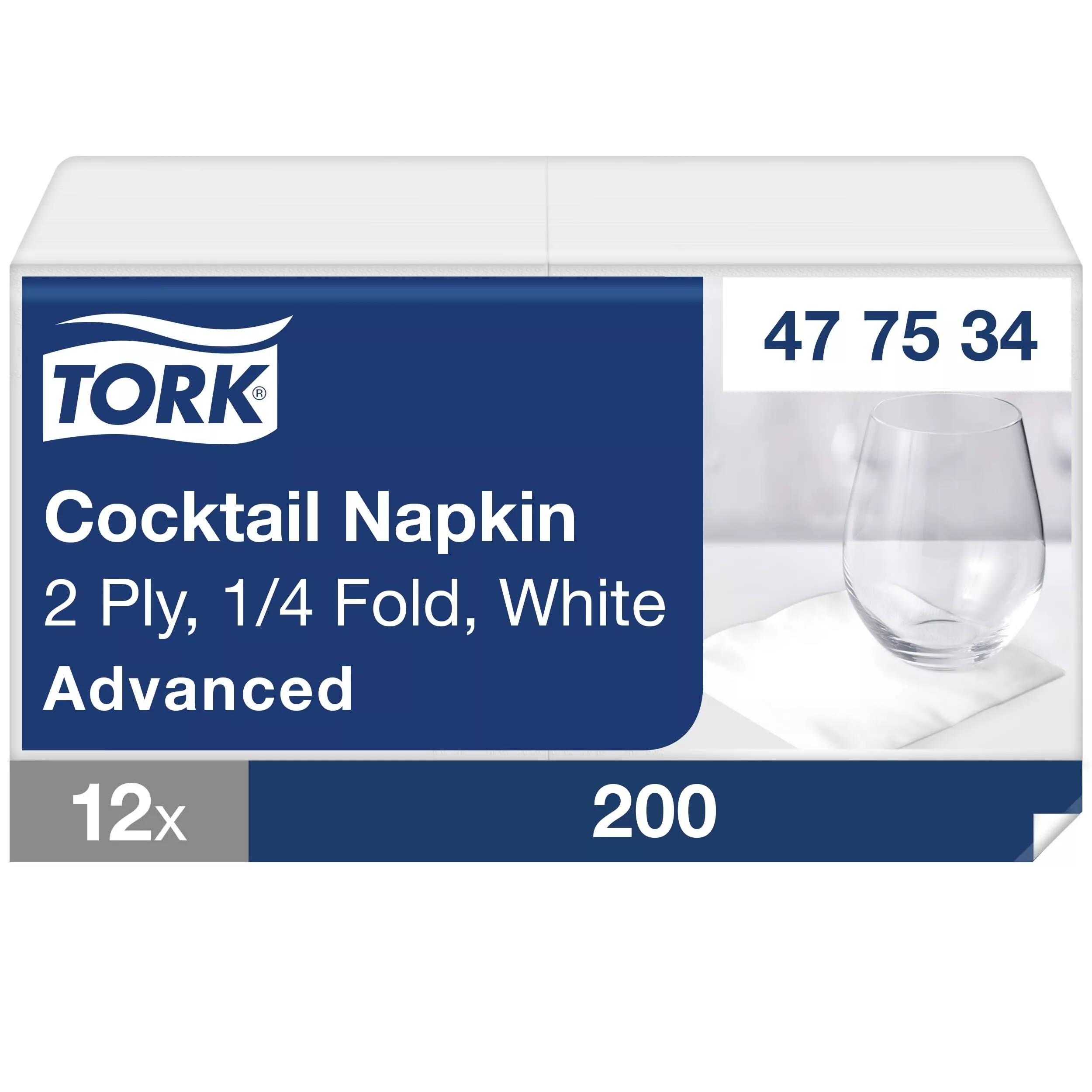 Tork Cocktailservietten Weiß, 1/4-Falz, 2-lagig, 24 cm × 24 cm, 12 × 200 Servietten, 477534