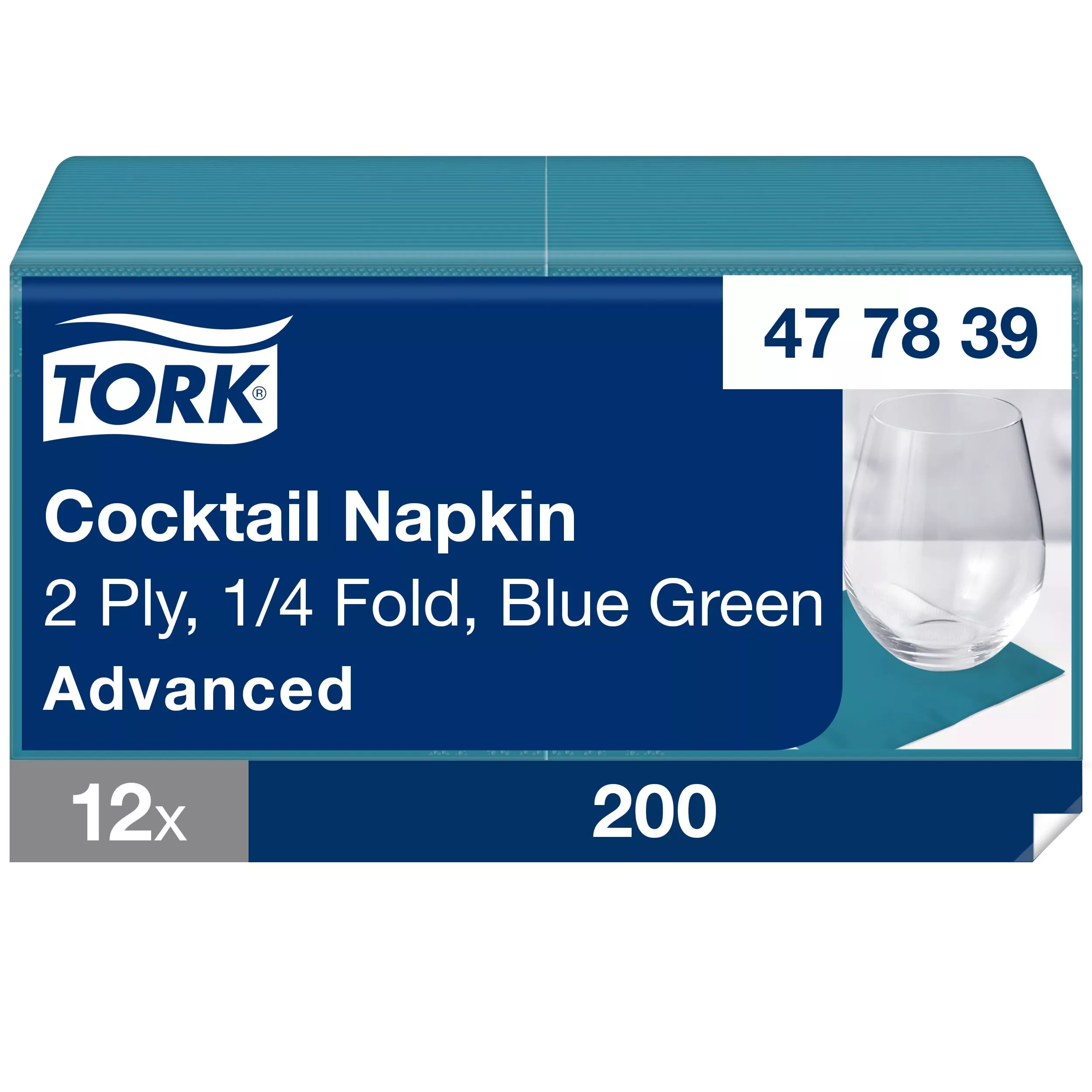 Tork Cocktailservietten Blaugrün, 1/4-Falz, 2-lagig, 24 cm × 24 cm, 12 × 200 Servietten, 477839