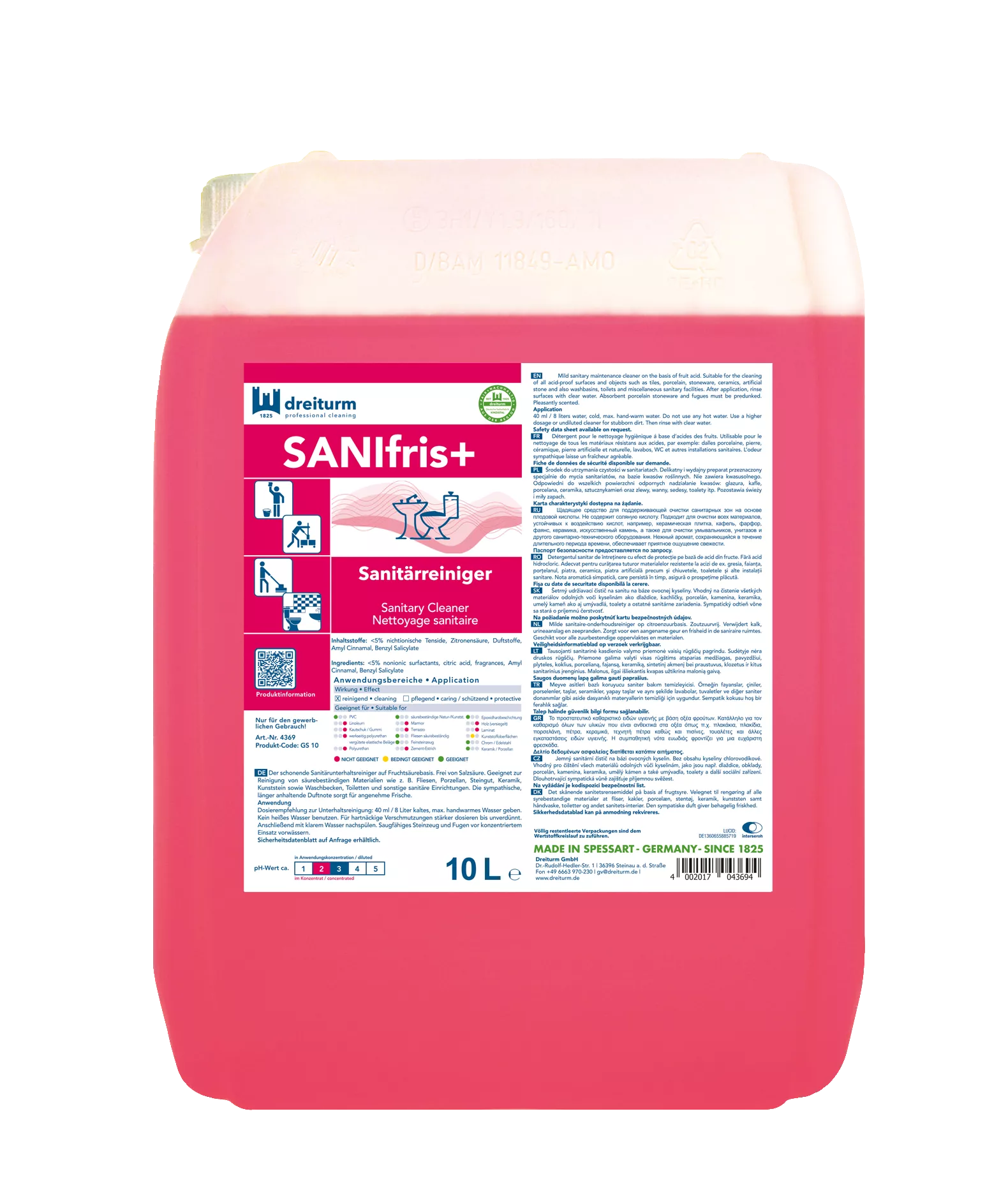 Dreiturm Sanifris+ – Sanitärreiniger – 10 L Kanister