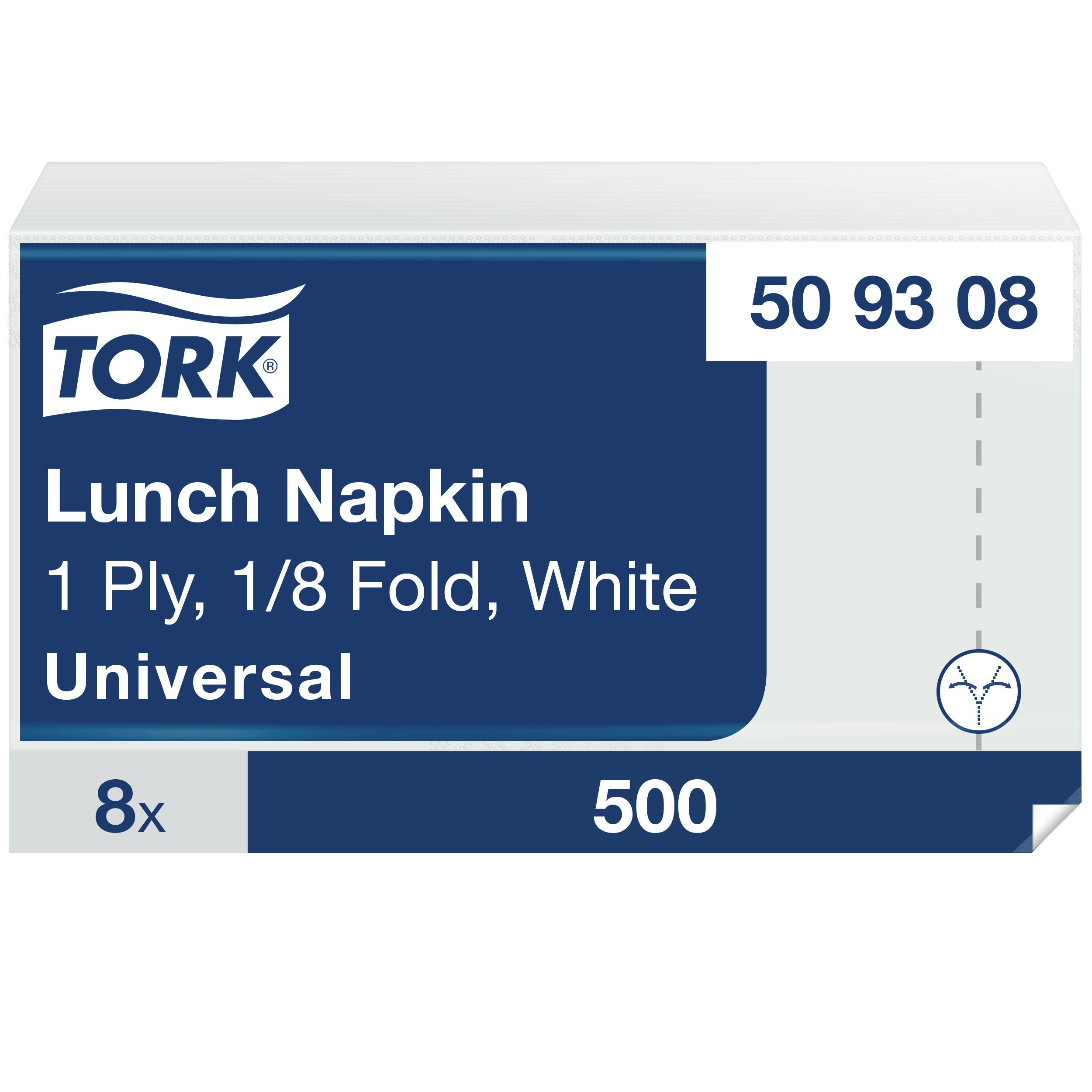 Tork Lunchserviette Weiß, 1/8-Falz, 1-lagig, 32 cm × 32 cm, 8 × 500 Servietten, 509308