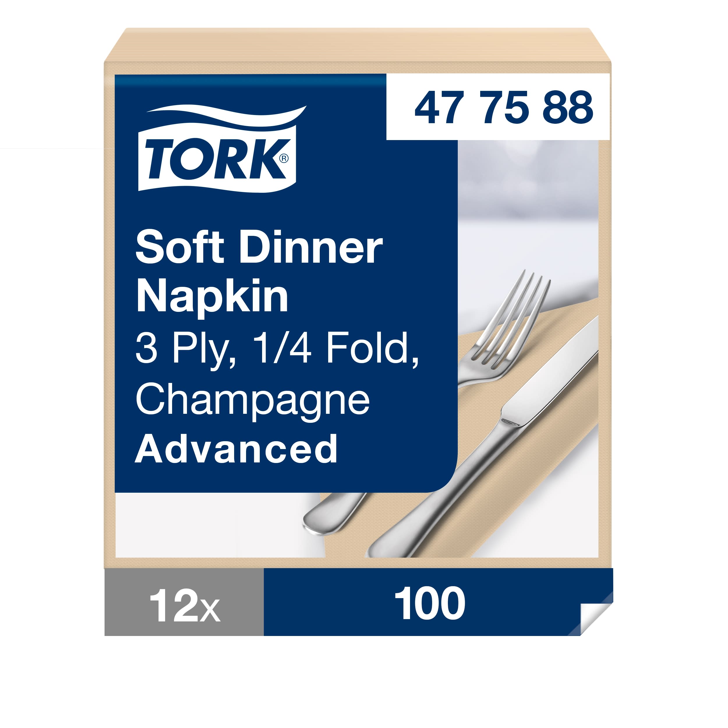 Tork Soft Dinnerservietten Champagner, 1/4‑Falz, 3‑lagig, 40 cm × 39 cm, 12 × 100 Servietten, 477588