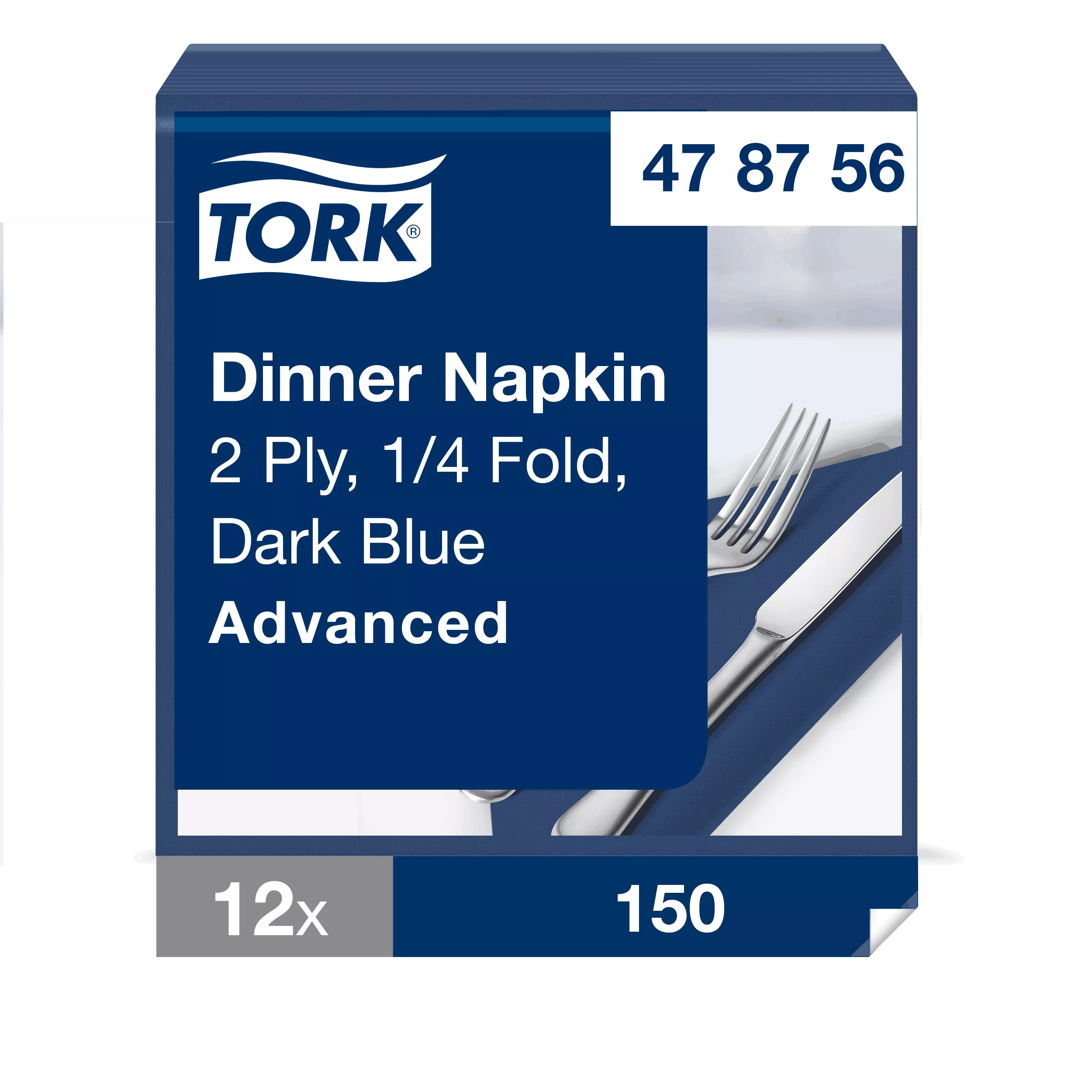 Tork Dinnerservietten Dunkelblau, 1/4-Falz, 2‑lagig, 40 cm × 39 cm, 12 × 150 Servietten, 478756