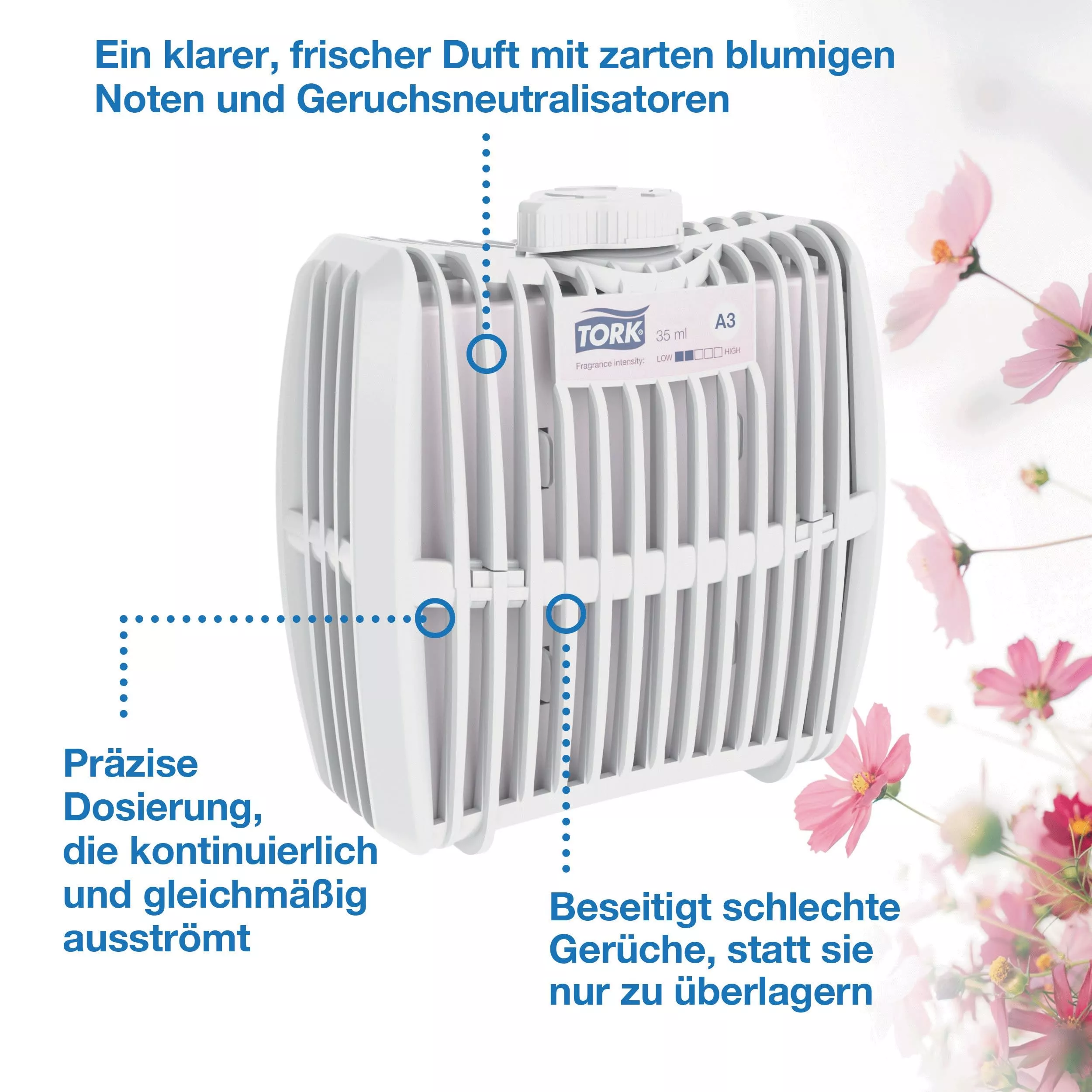 Tork Starter Pack für kontinuierlichen Lufterfrischer Weiß A3, Elevation Design, Spender und Nachfüllmaterial Frühlingsbrise, 976000