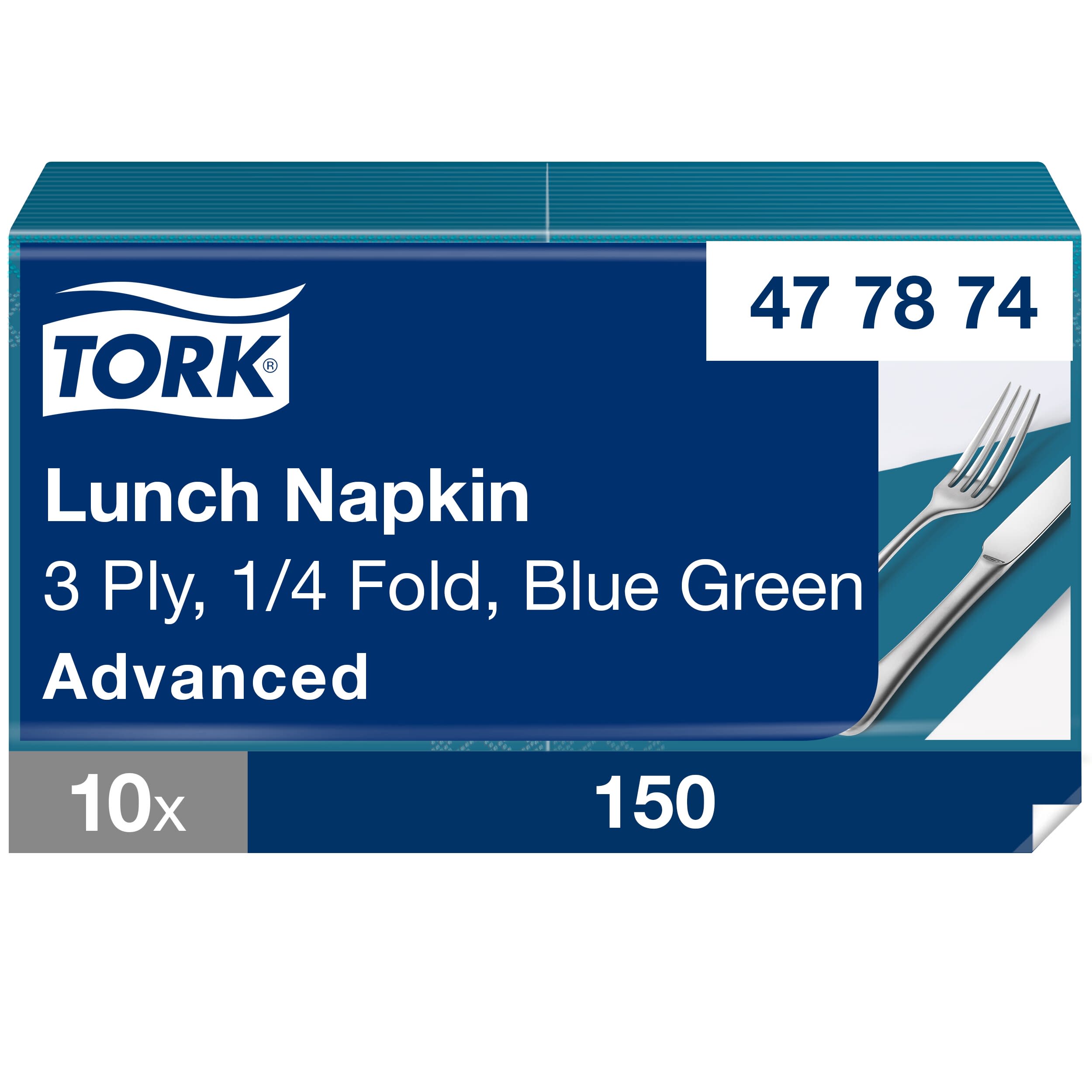 Tork Lunchserviette Blaugrün, 1/4-Falz, 3-lagig, 33 cm × 33 cm, 10 × 150 Servietten, 477874
