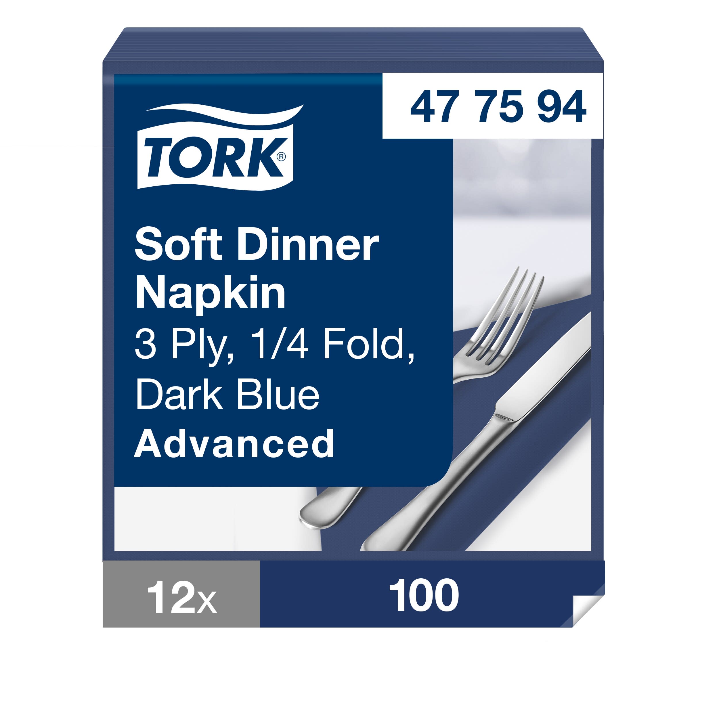 Tork Soft Dinnerservietten Dunkelblau, 1/4‑Falz, 3‑lagig, 40 cm × 39 cm, 12 × 100 Servietten, 477594