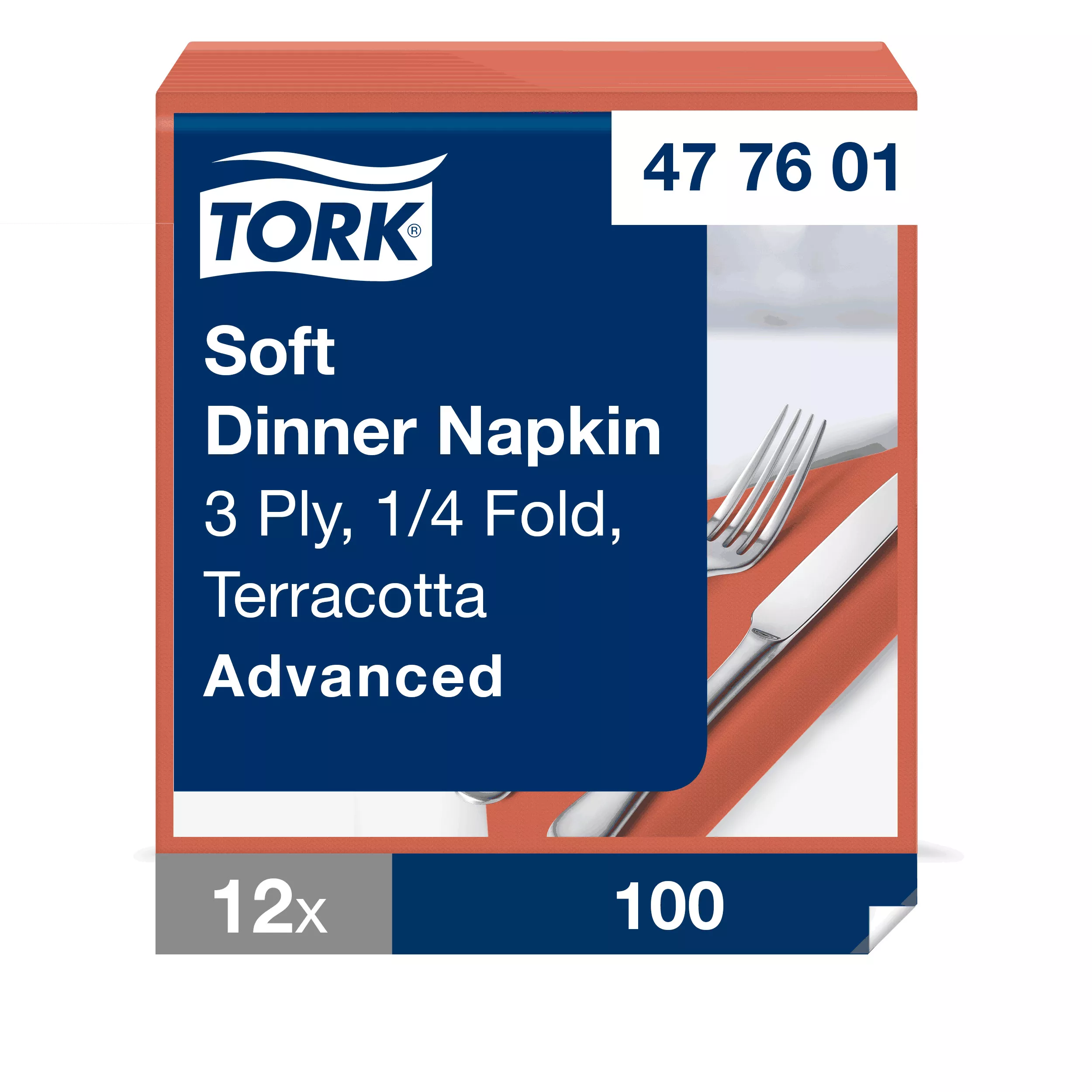 Tork Soft Dinnerservietten Terracotta, 1/4‑Falz, 3‑lagig, 40 cm × 39 cm, 12 × 100 Servietten, 477601