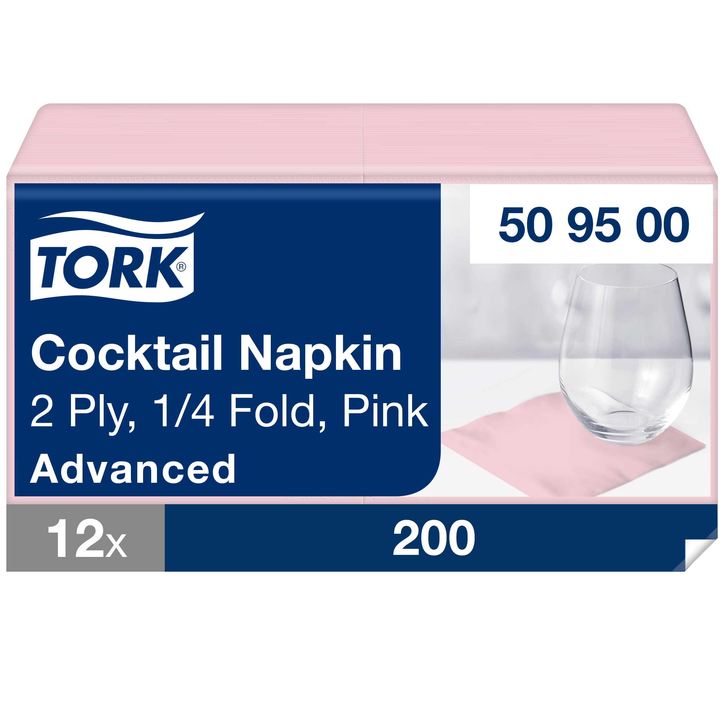 Tork Cocktailservietten Hellrosa, 1/4-Falz, 2-lagig, 24 cm × 24 cm, 12 × 200 Servietten, 509500