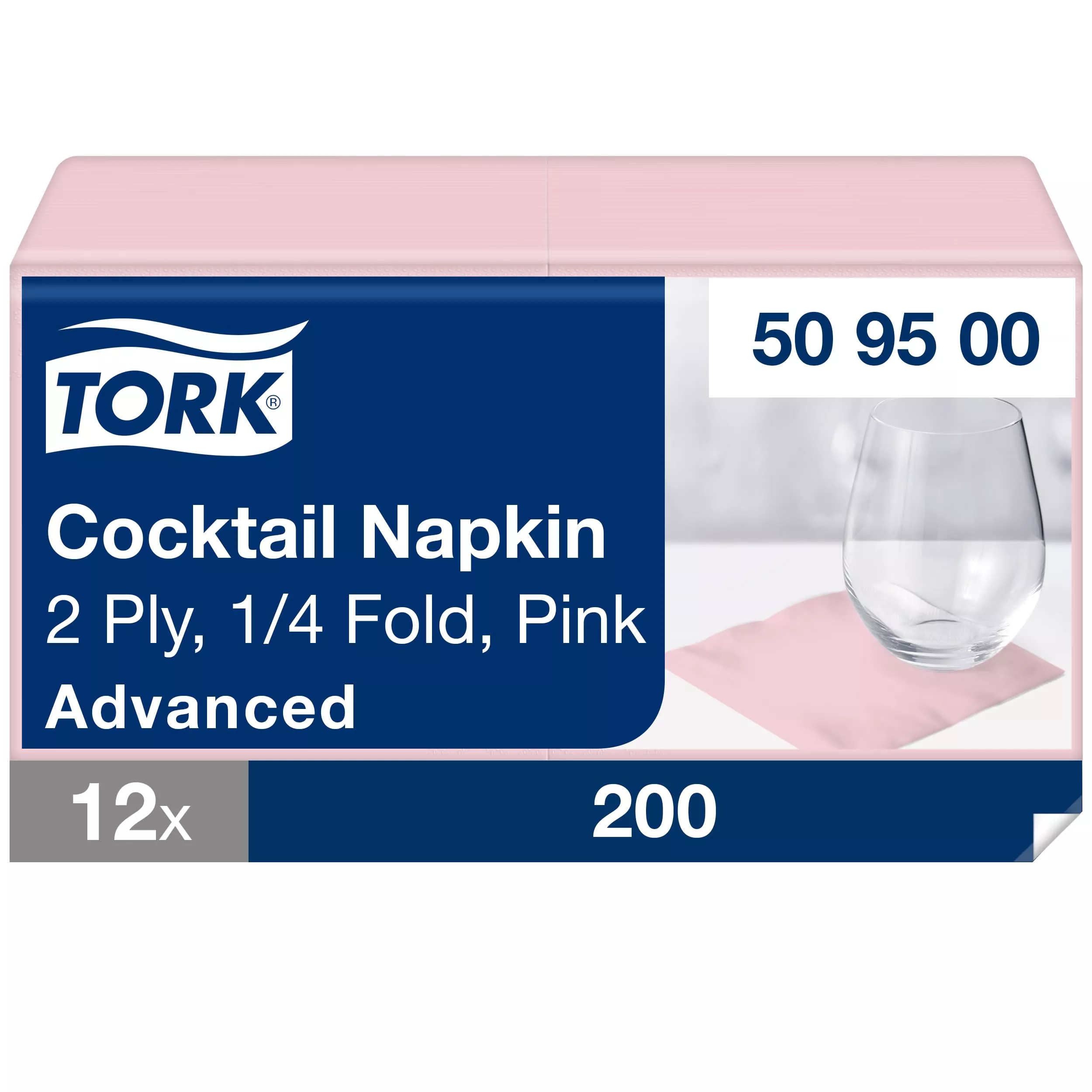 Tork Cocktailservietten Hellrosa, 1/4-Falz, 2-lagig, 24 cm × 24 cm, 12 × 200 Servietten, 509500