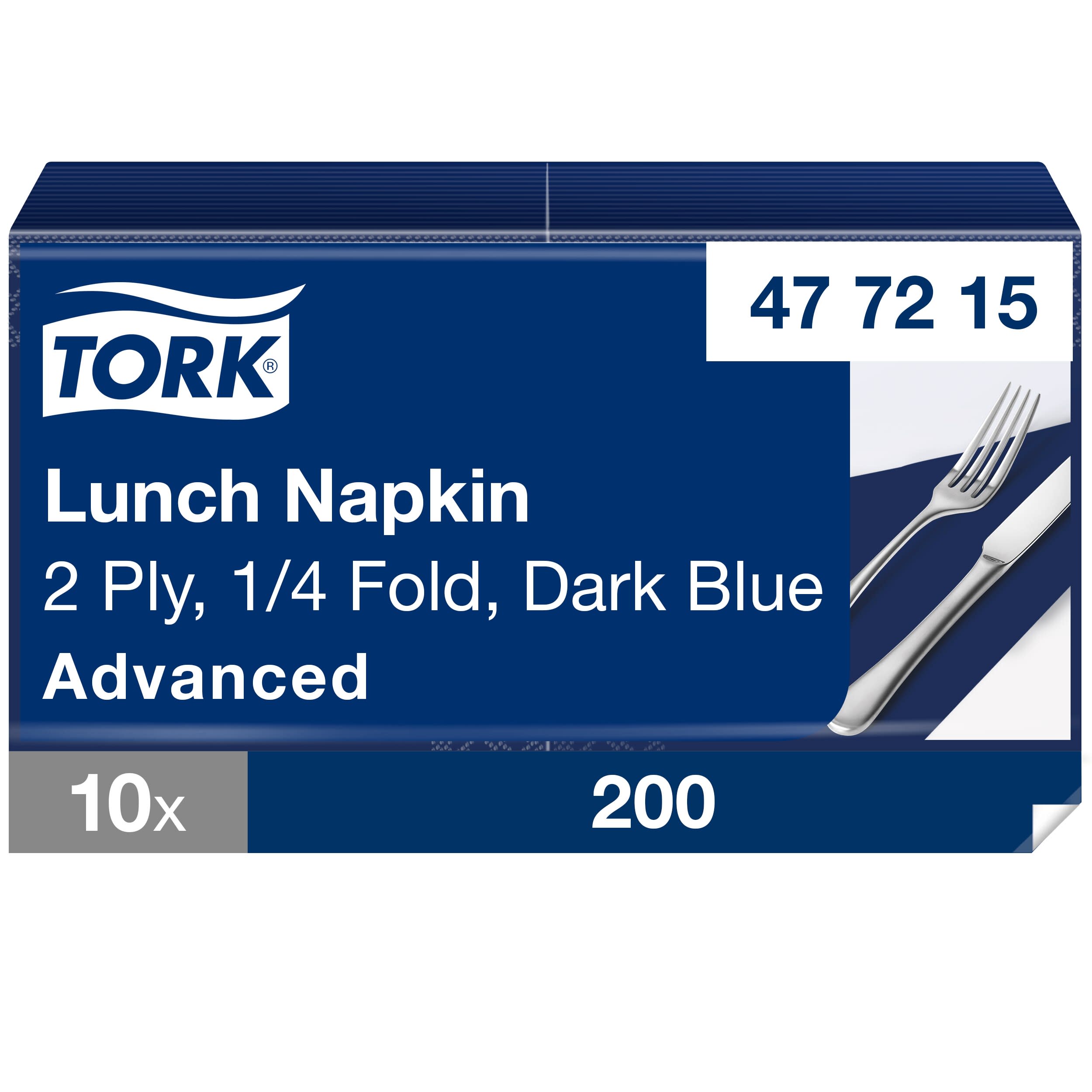 Tork Lunchserviette Dunkelblau, 1/4-Falz, 2-lagig, 33 cm × 33 cm, 10 × 200 Servietten, 477215