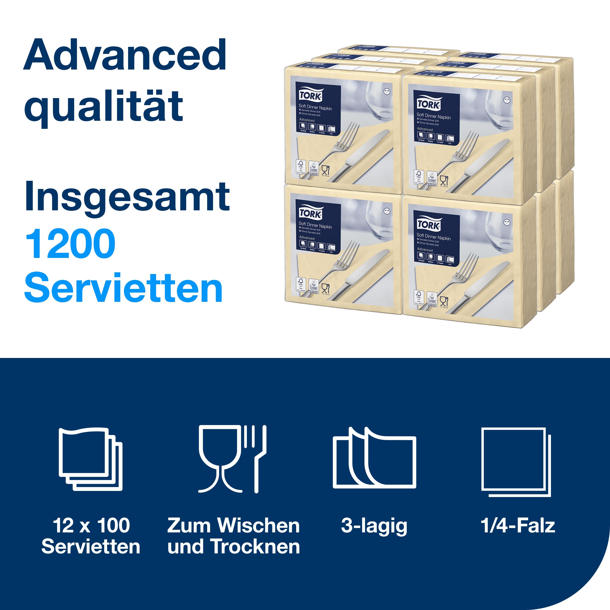 Tork Soft Dinnerservietten Sand, 1/4‑Falz, 3‑lagig, 40 cm × 39 cm, 12 × 100 Servietten, 477583