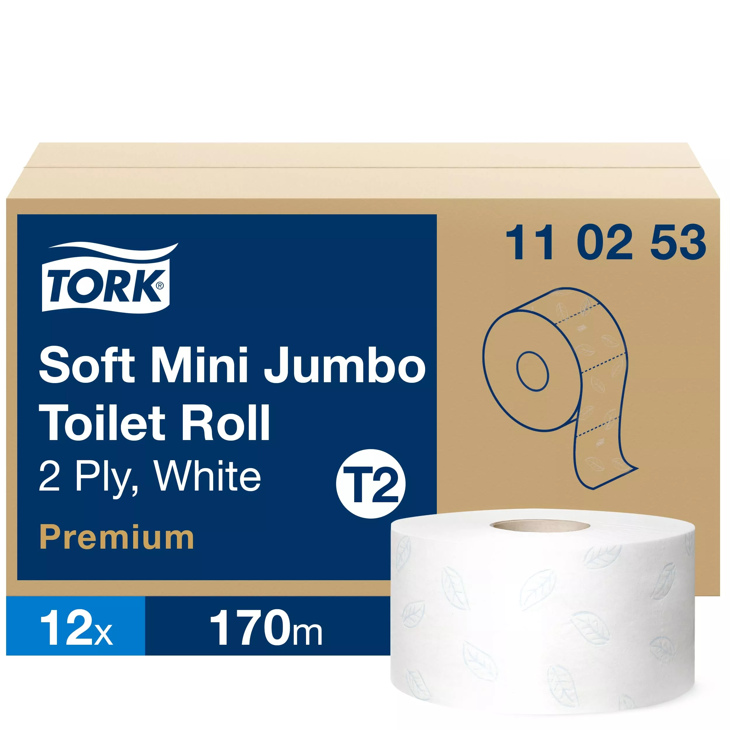Tork weiches Mini Jumbo Toilettenpapier Weiß T2, Premium, 2-lagig, 12 × 170 m, 110253