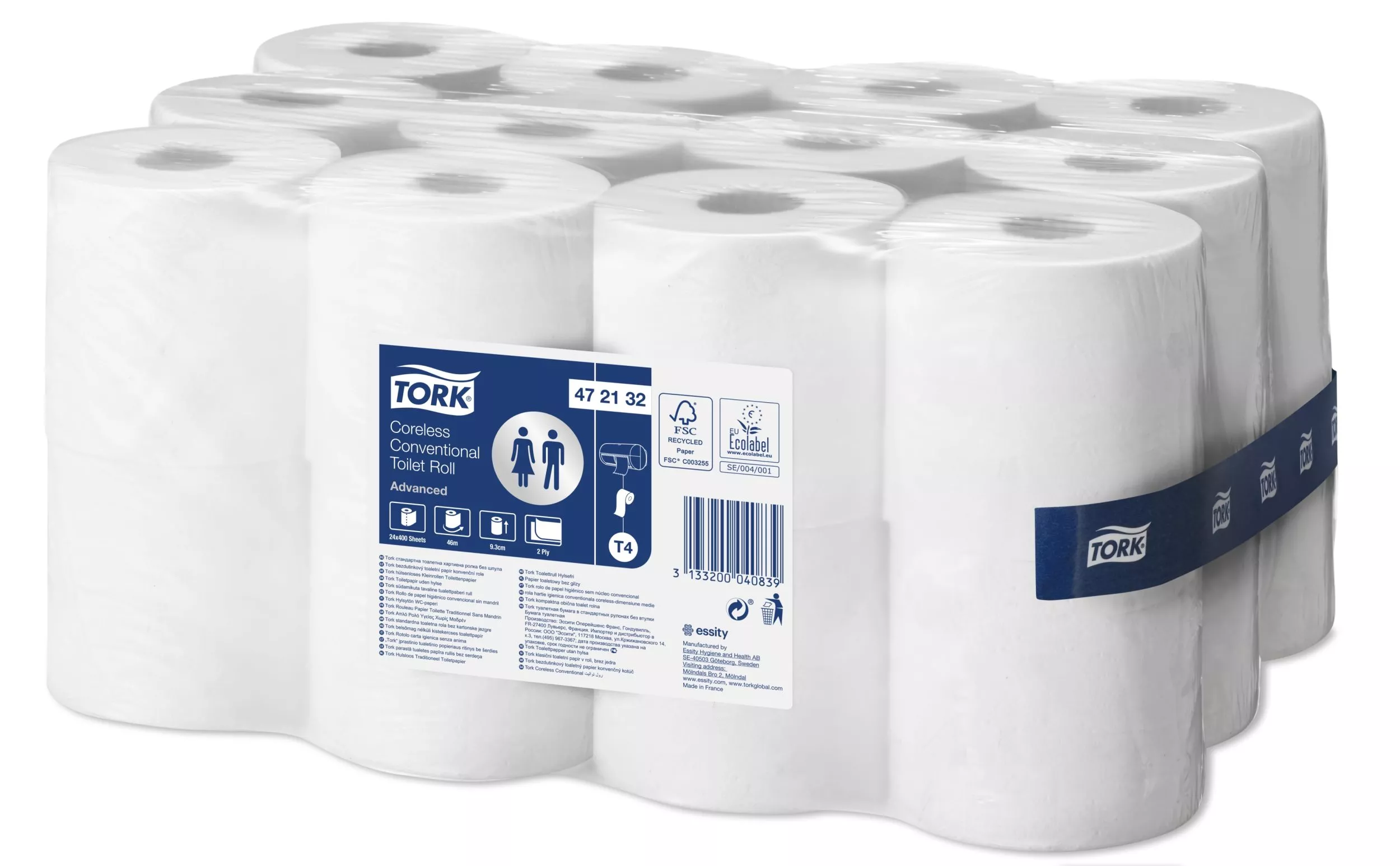 Tork hülsenloses Kleinrollen-Toilettenpapier Weiß T4, Advanced, 2‑lagig, 24 × 400 Blatt, 472132