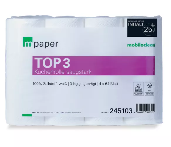 Cleanclub Küchenrolle Top³ hochweiß 3-lagig - 64 Blatt pro Rolle - 32 Rollen