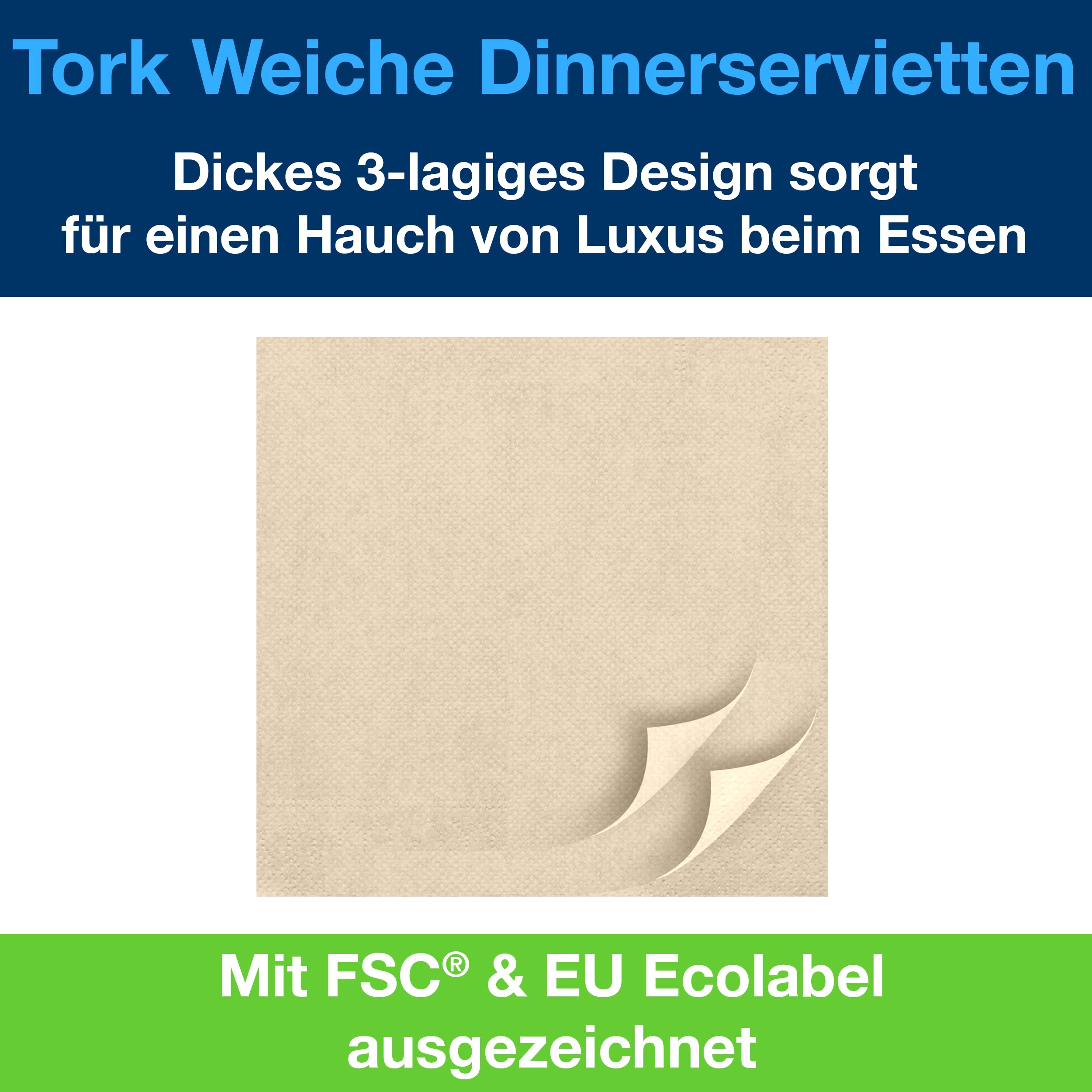 Tork Soft Dinnerservietten Sand, 1/4‑Falz, 3‑lagig, 40 cm × 39 cm, 12 × 100 Servietten, 477583