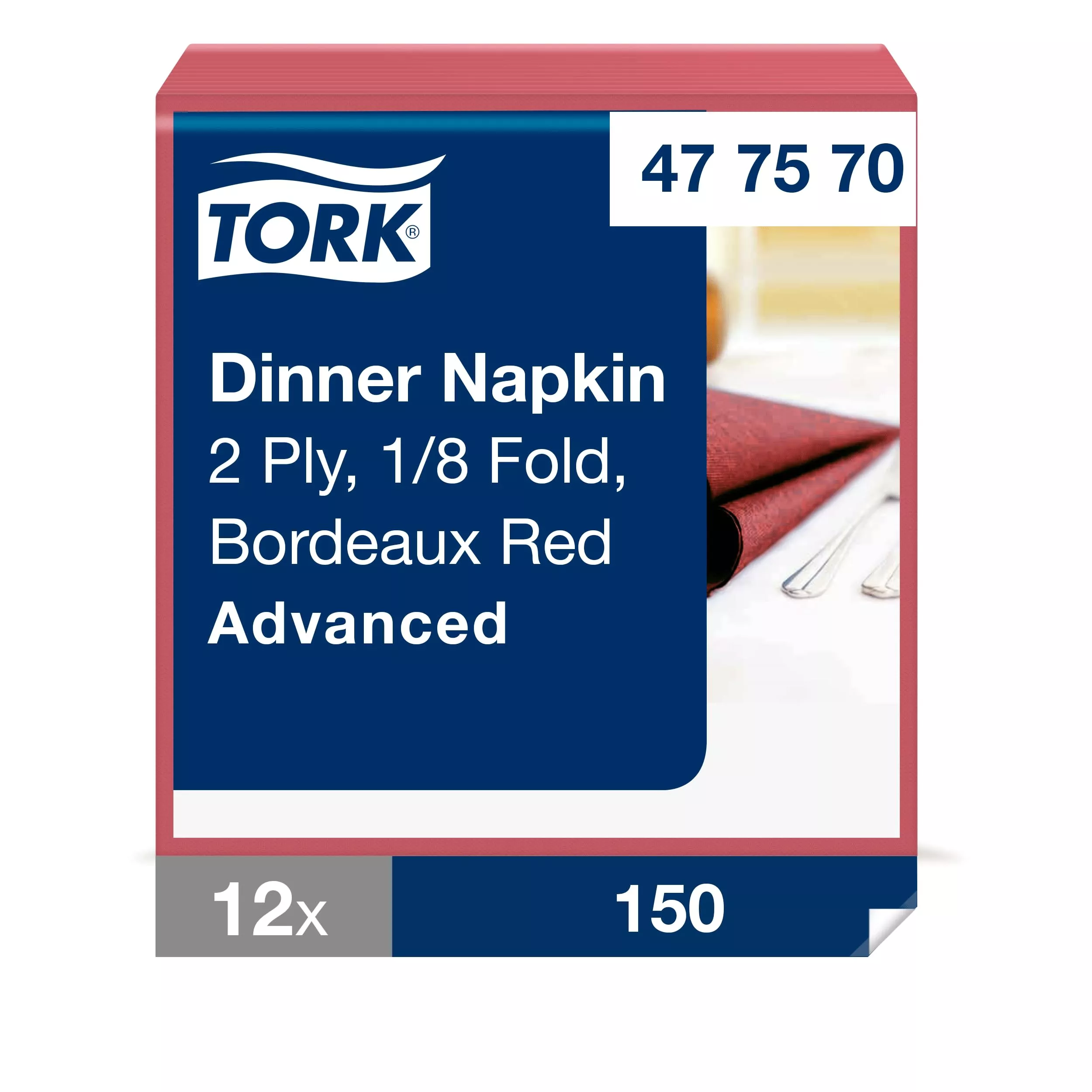 Tork Dinnerservietten Bordeauxrot, 1/8‑Falz, 2‑lagig, 39 cm × 39 cm, 12 × 150 Servietten, 477570