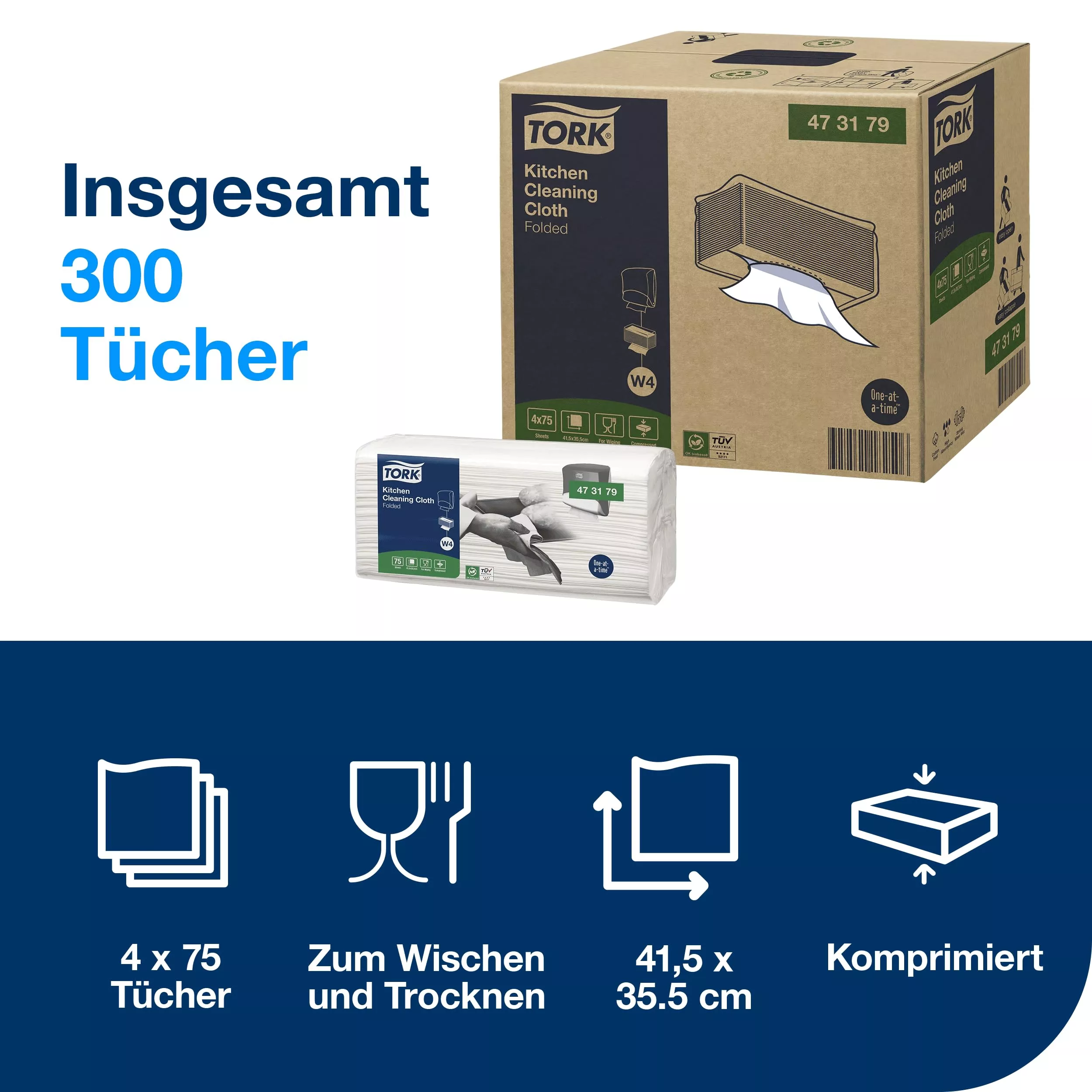 Tork Küchen Reinigungstücher Weiß W4, extrem saugfähig, 4 × 75 Tücher, 473179