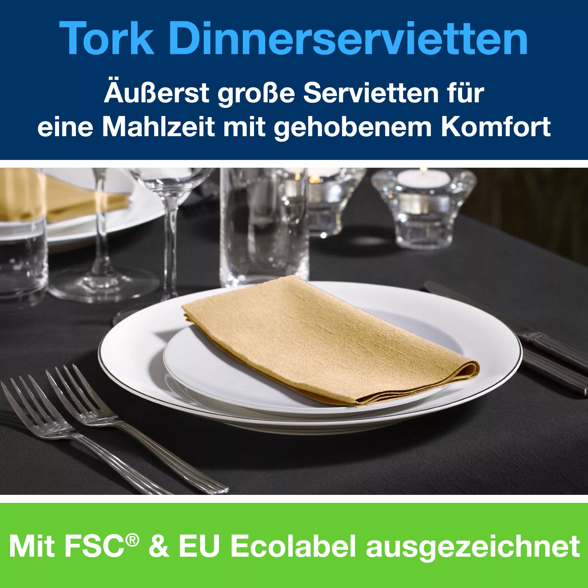 Tork Dinnerservietten Champagner, 1/8‑Falz, 2‑lagig, 39 cm × 39 cm, 12 × 150 Servietten, 477611