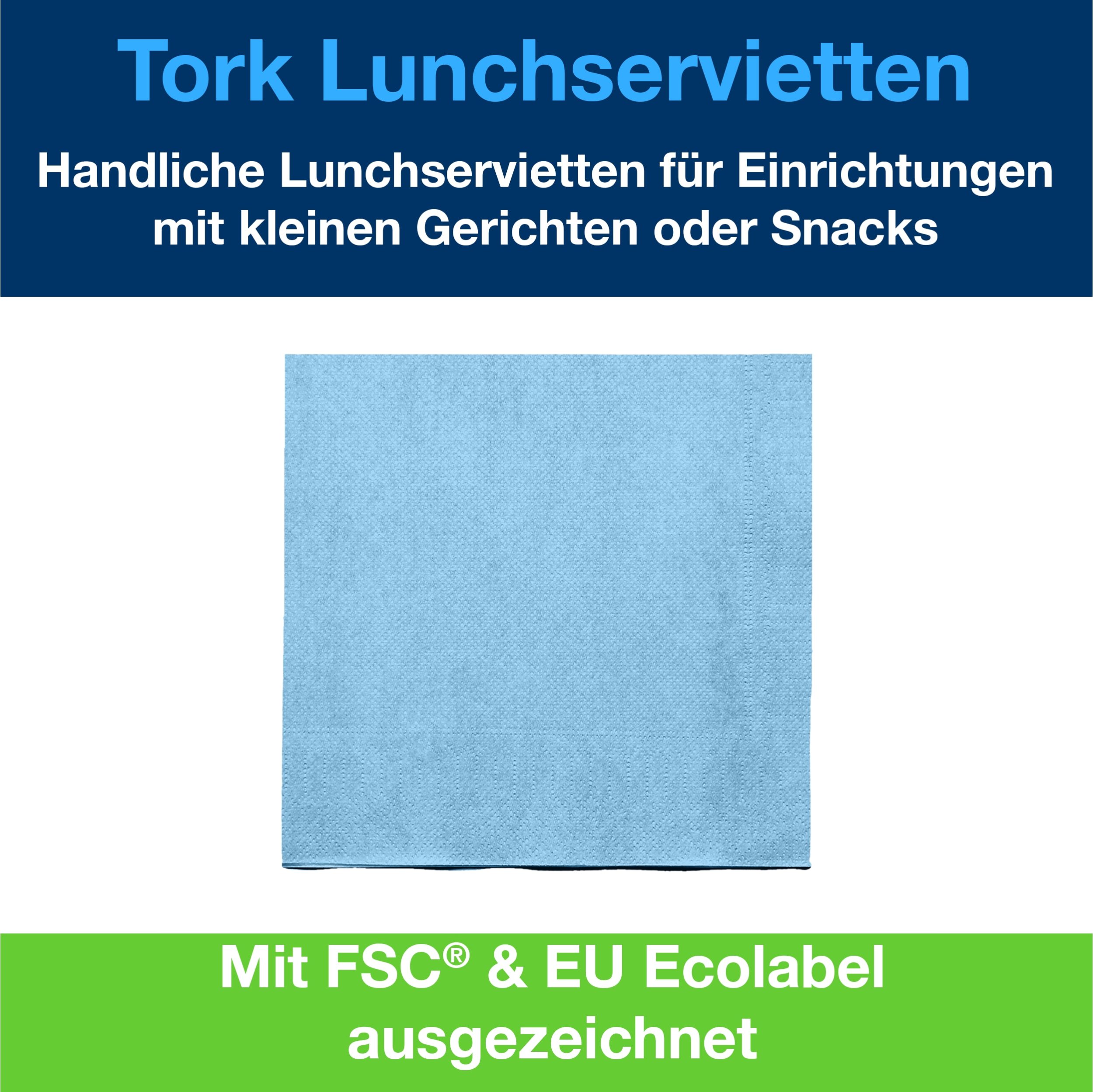 Tork Lunchserviette Hellblau, 1/4-Falz, 2-lagig, 33 cm × 33 cm, 10 × 200 Servietten, 477844
