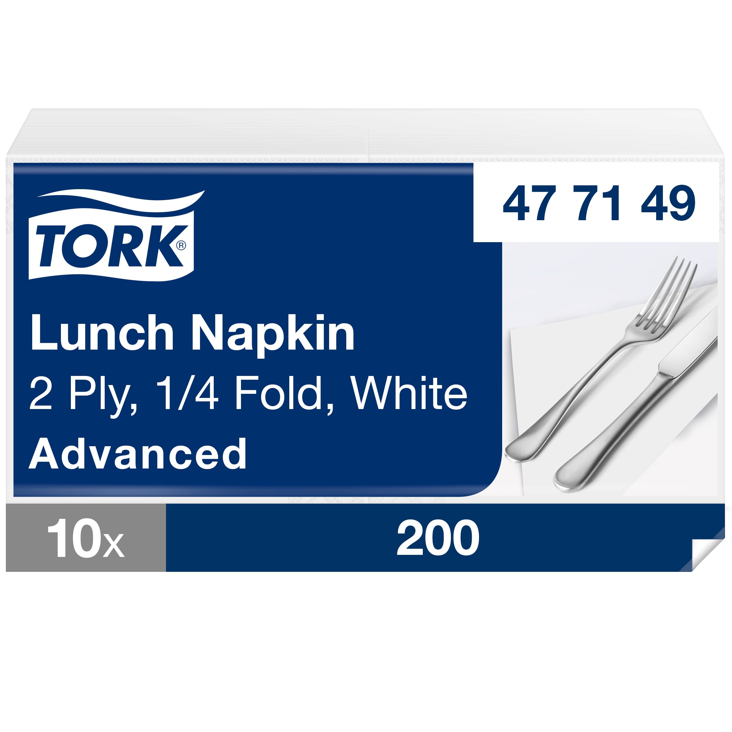 Tork Lunchserviette Weiß, 1/4-Falz, 2-lagig, 33 cm × 33 cm, 10 × 200 Servietten, 477149