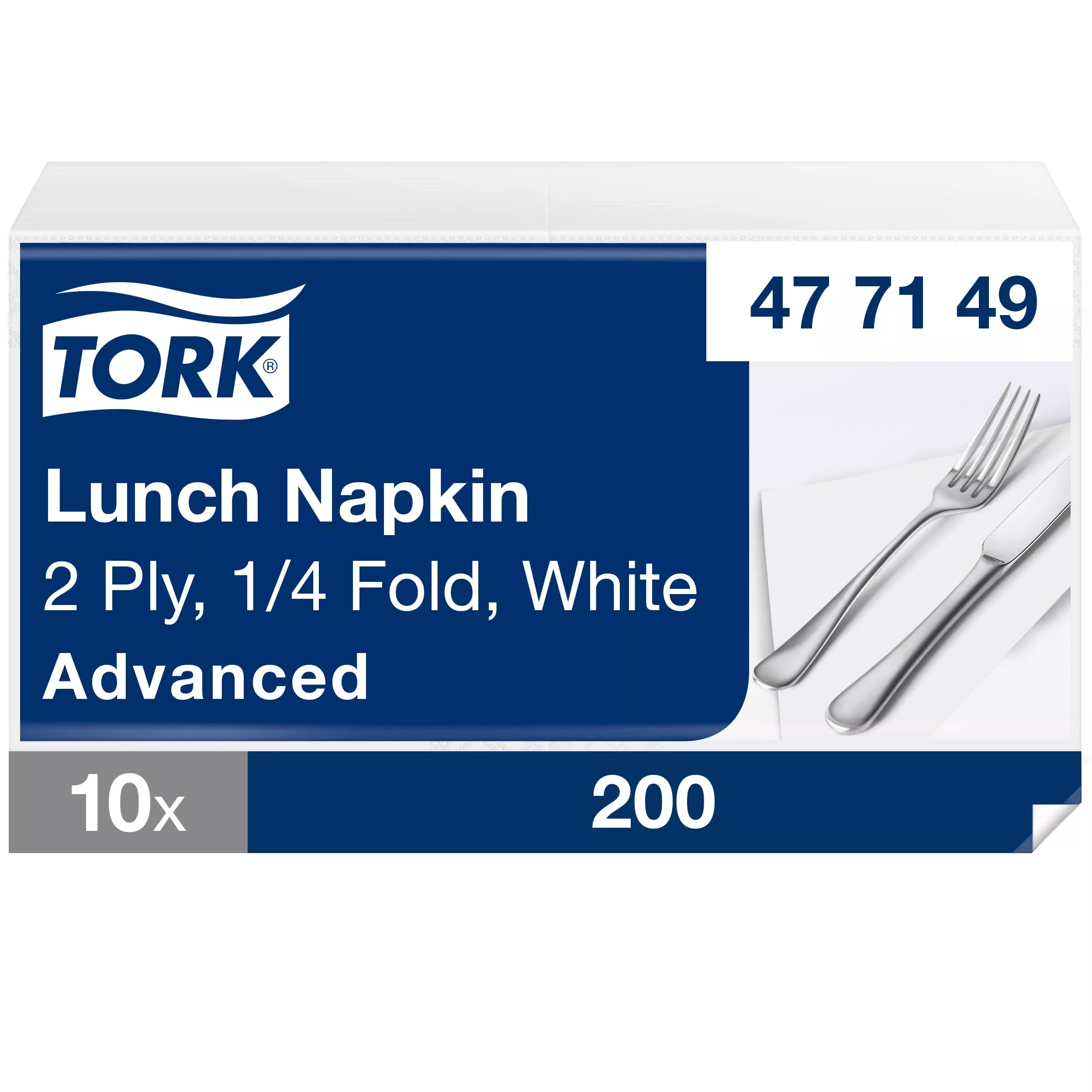 Tork Lunchserviette Weiß, 1/4-Falz, 2-lagig, 33 cm × 33 cm, 10 × 200 Servietten, 477149