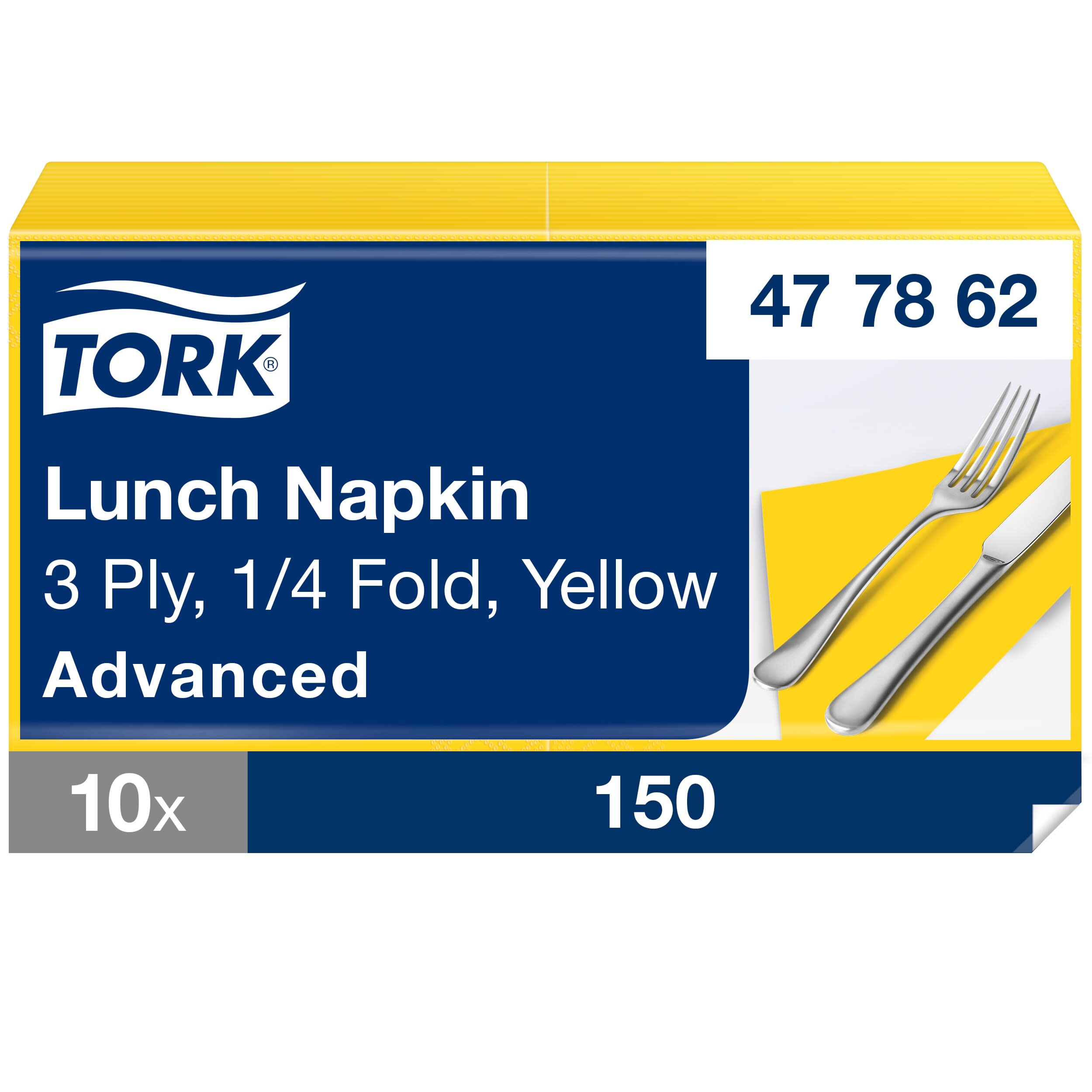 Tork Soft Lunchservietten Gelb, 1/4-Falz, 3-lagig, 33 cm × 33 cm, 10 × 150 Servietten, 477862