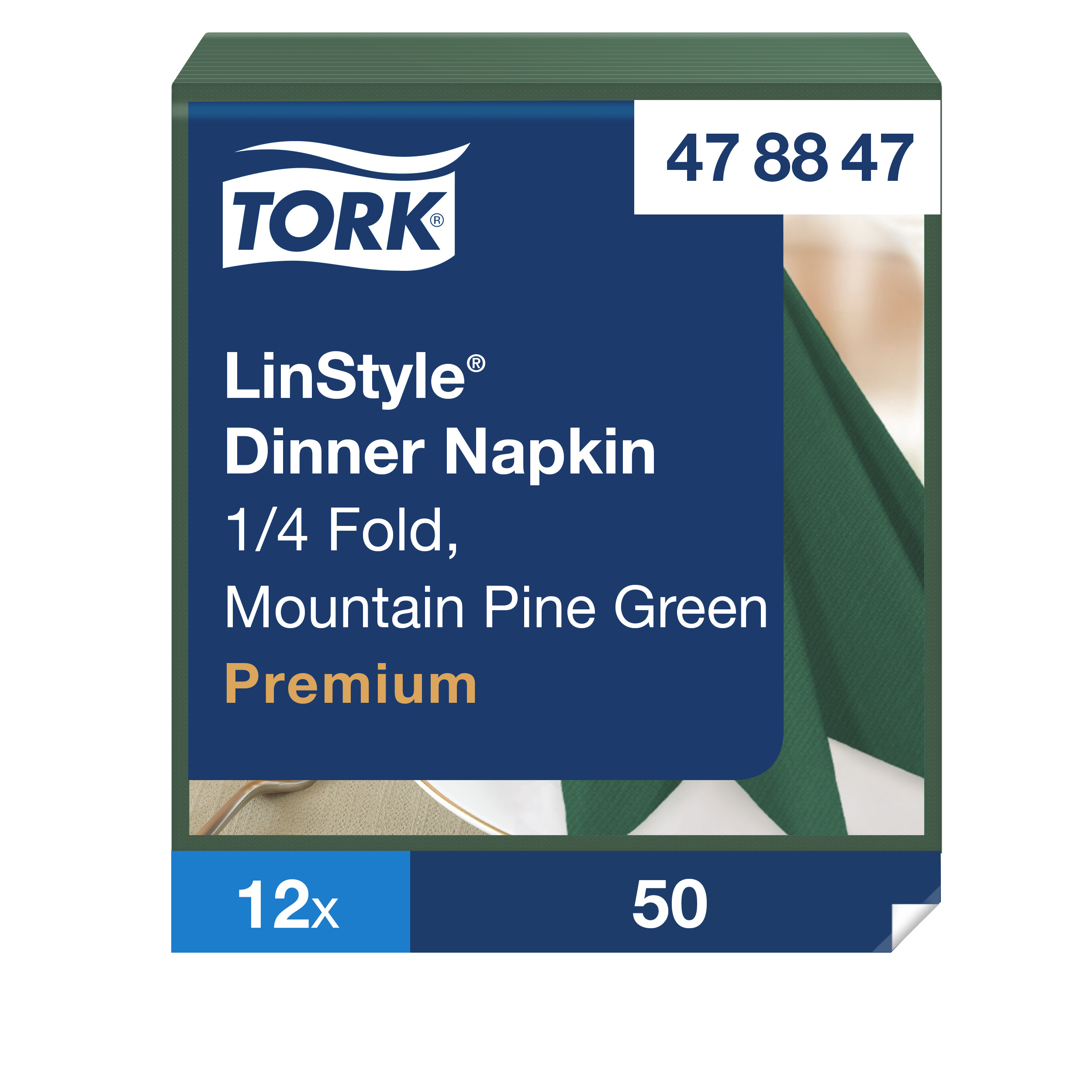 Tork LinStyle® Dinnerservietten Piniengrün, 1/4‑Falz, 39 cm × 39 cm, 12 × 50 Servietten, 478847