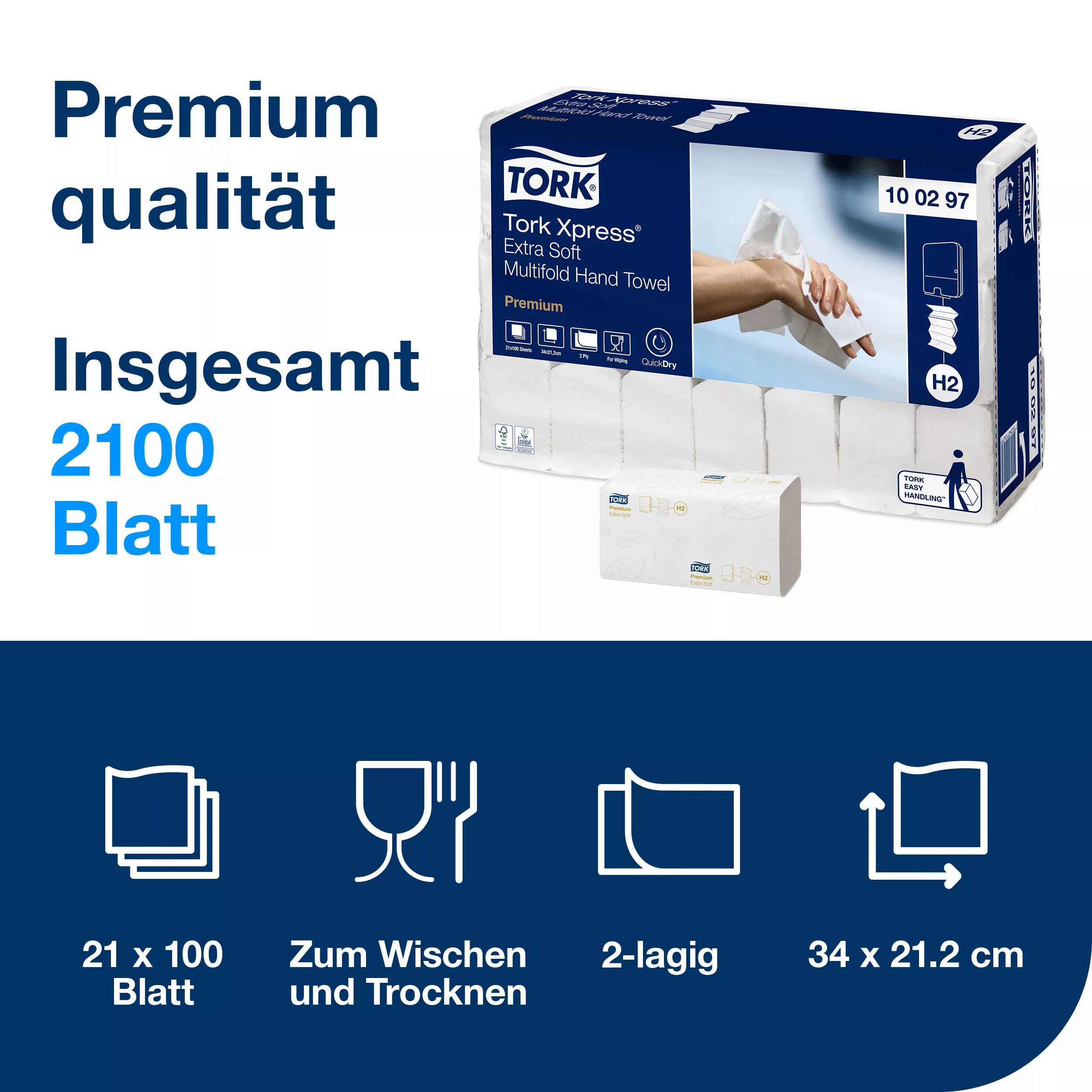 Tork Xpress® Extraweich Multifold-Handtücher Weiß H2, Premium, 21 × 100 Tücher, 100297