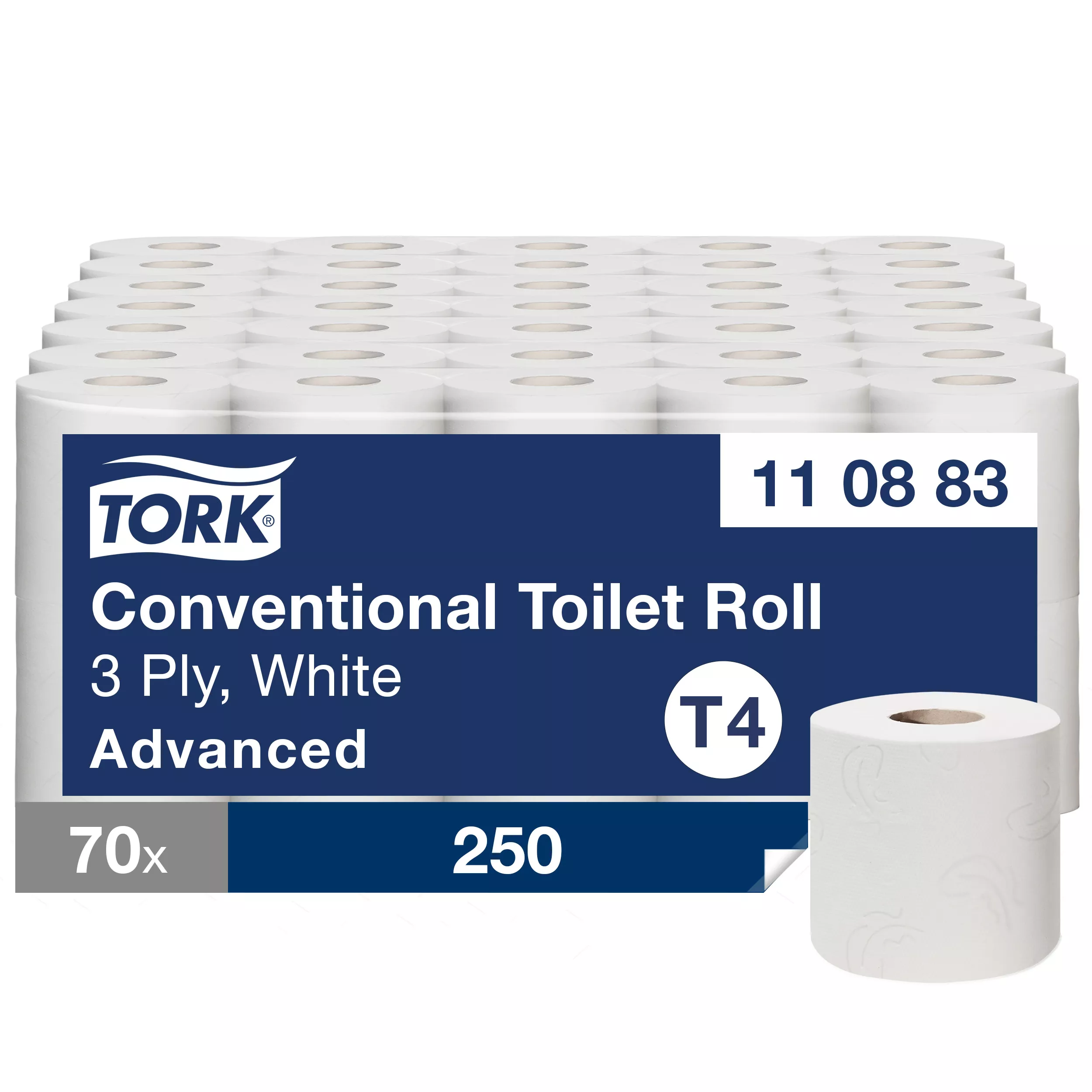 Tork Kleinrollen Toilettenpapier Weiß T4, Advanced, 3-lagig, 70 × 250 Blatt, 110883