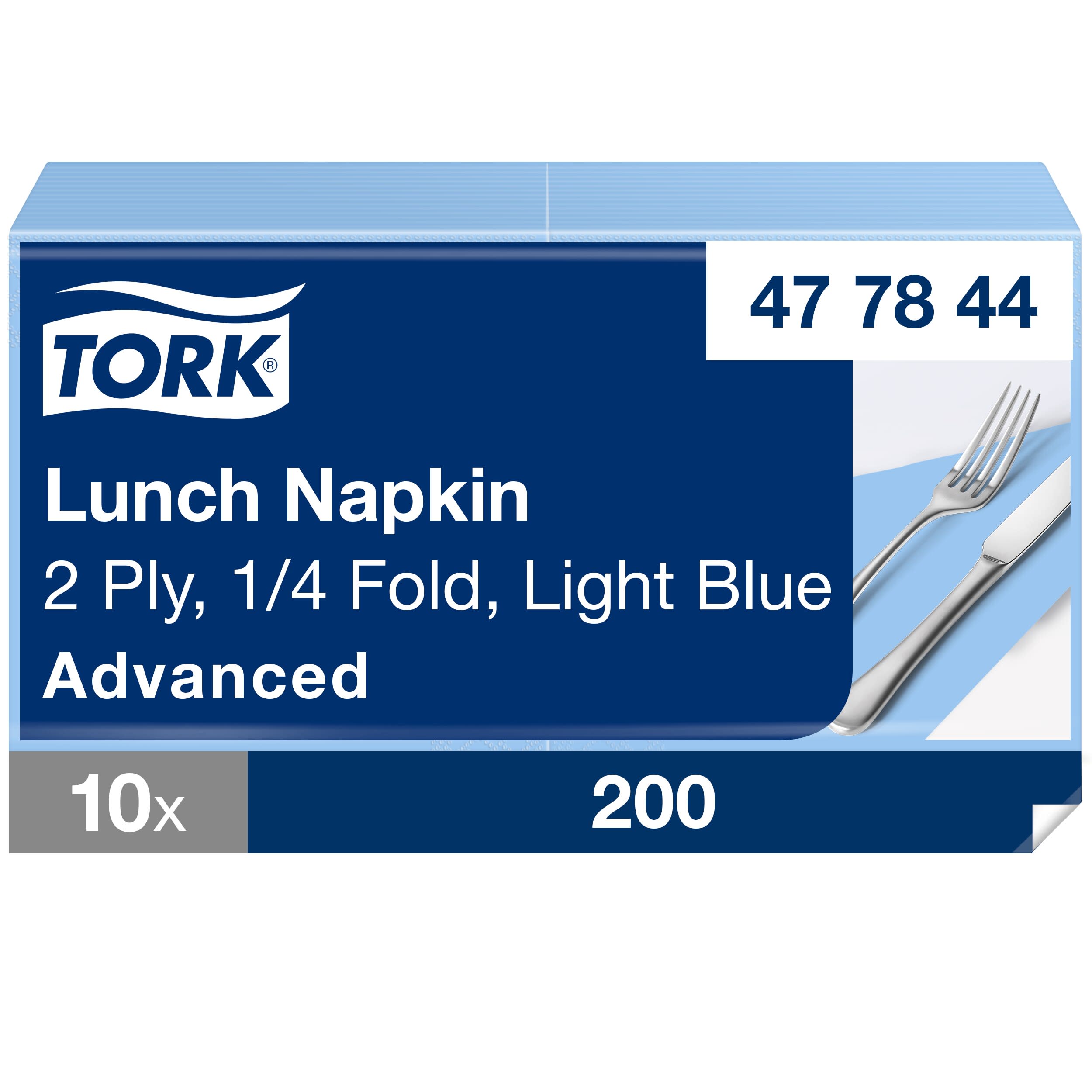 Tork Lunchserviette Hellblau, 1/4-Falz, 2-lagig, 33 cm × 33 cm, 10 × 200 Servietten, 477844