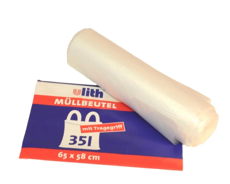 WBV Müllbeutel mit Tragegriff 35 Liter, 8 my, HDPE, weiß (1 Rolle = 25 Stück)