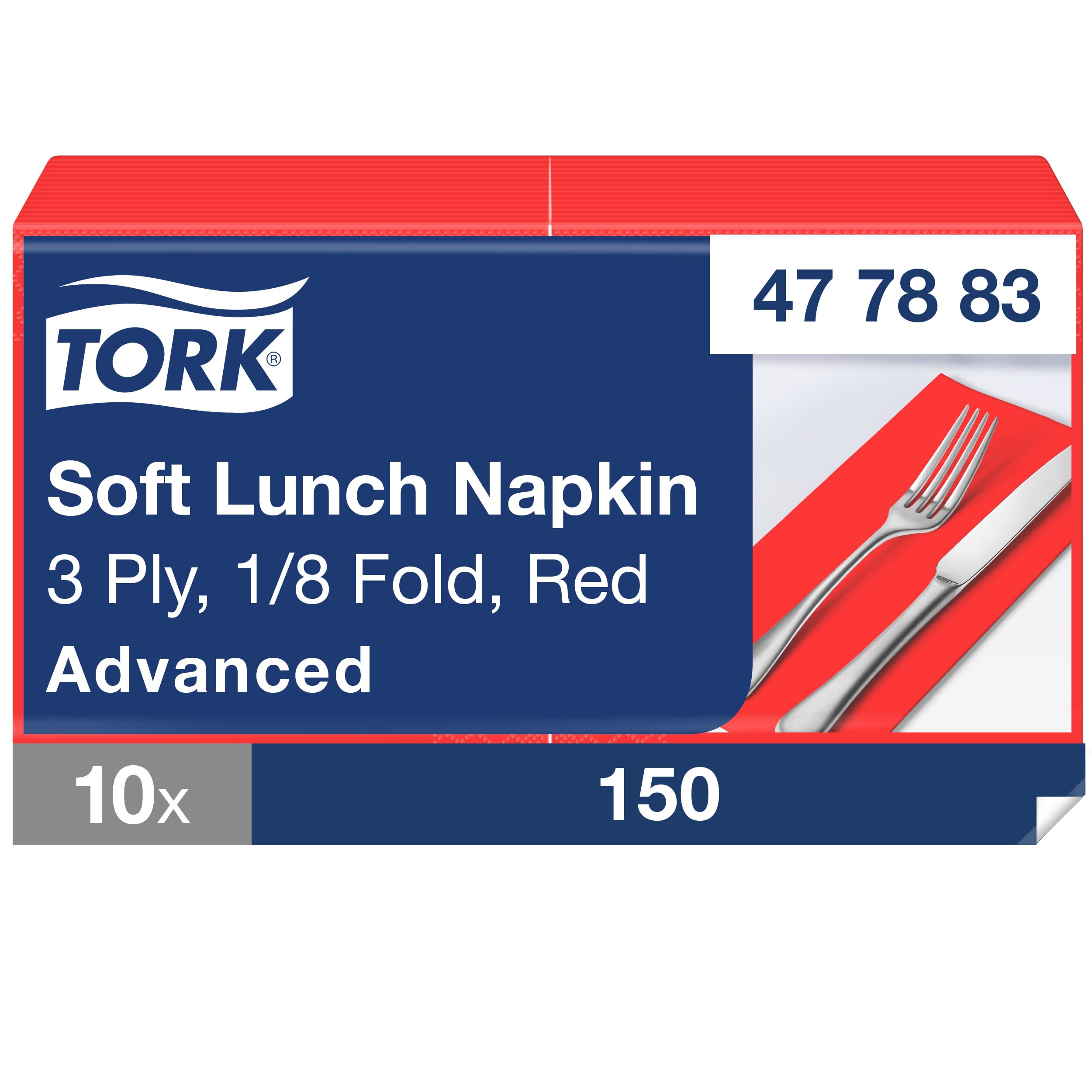 Tork Soft Lunchserviette Rot, 1/8-Falz, 3-lagig, 33 cm × 33 cm, 10 × 150 Servietten, 477883