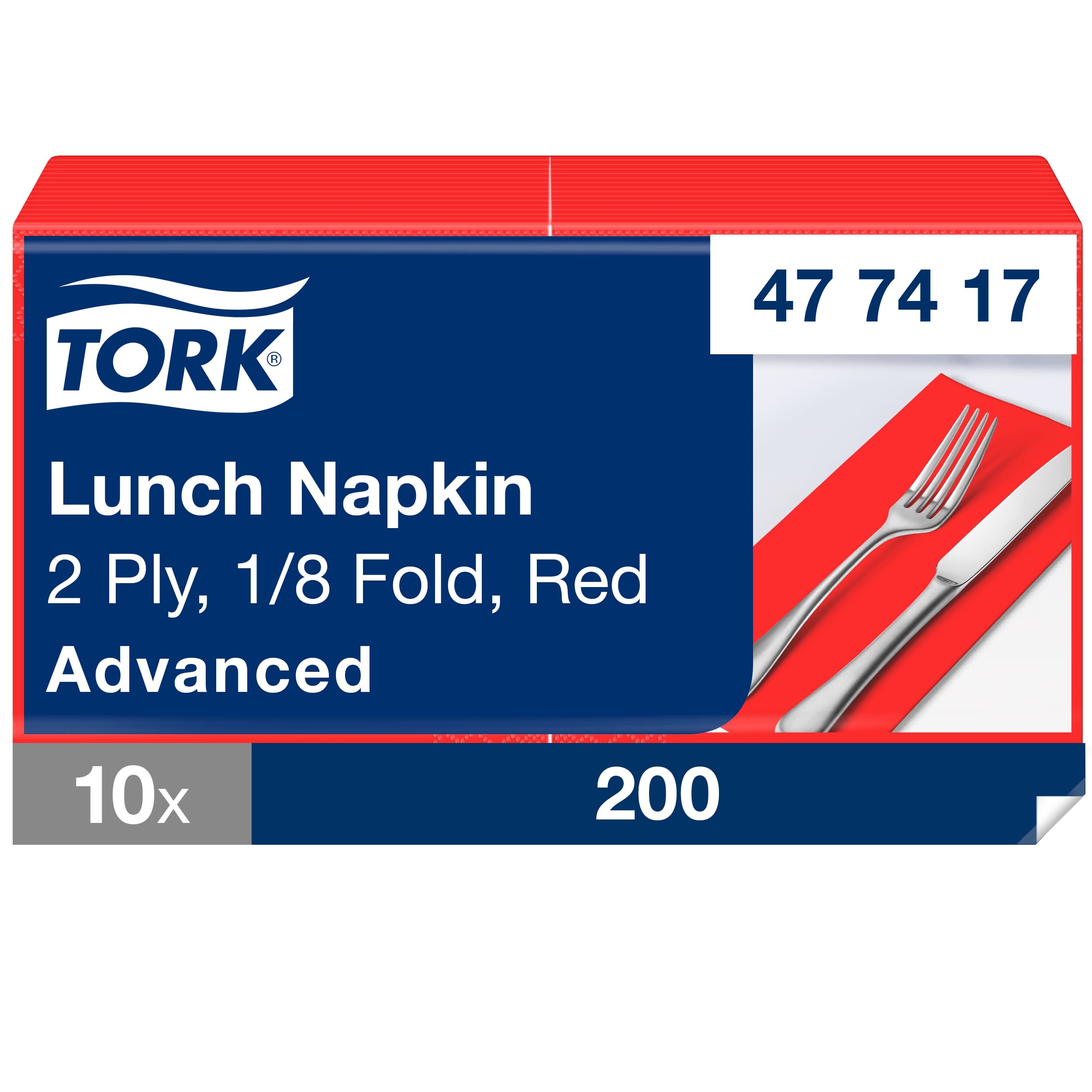 Tork Lunchserviette Rot, 1/8-Falz, 2-lagig, 33 cm × 33 cm, 10 × 200 Servietten, 477417
