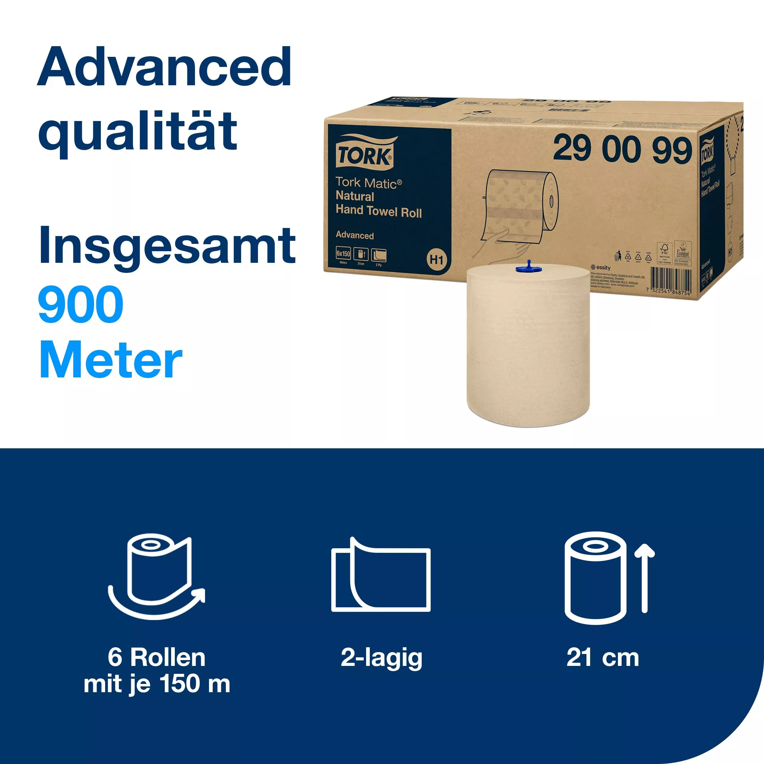 Tork Matic® Rollenhandtuch Natur H1, Advanced-Qualität, reißfest, 2-lagig, 6 × 150 m, 290099