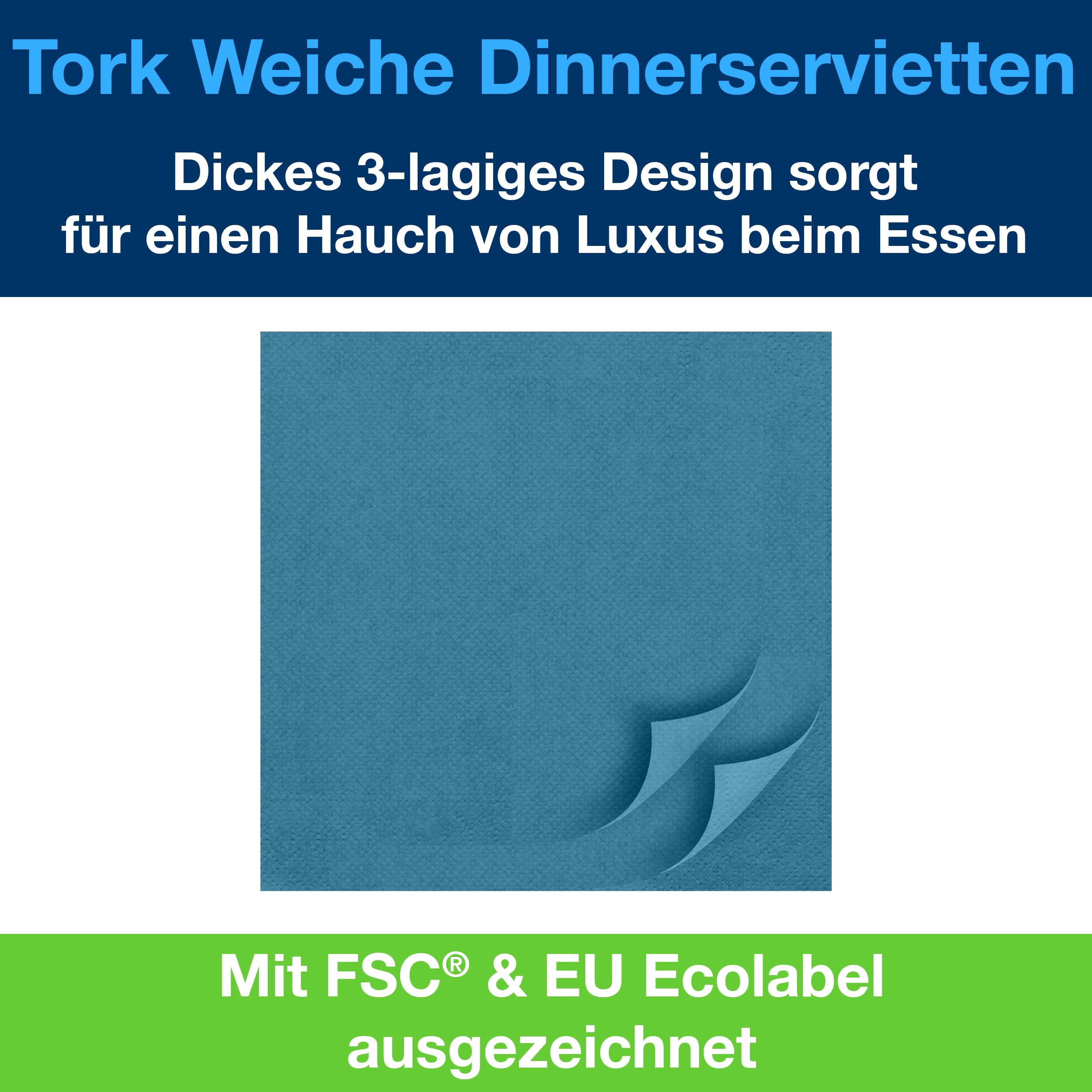 Tork Soft Dinnerservietten Blaugrün, 1/4‑Falz, 3‑lagig, 40 cm × 39 cm, 12 × 100 Servietten, 477914