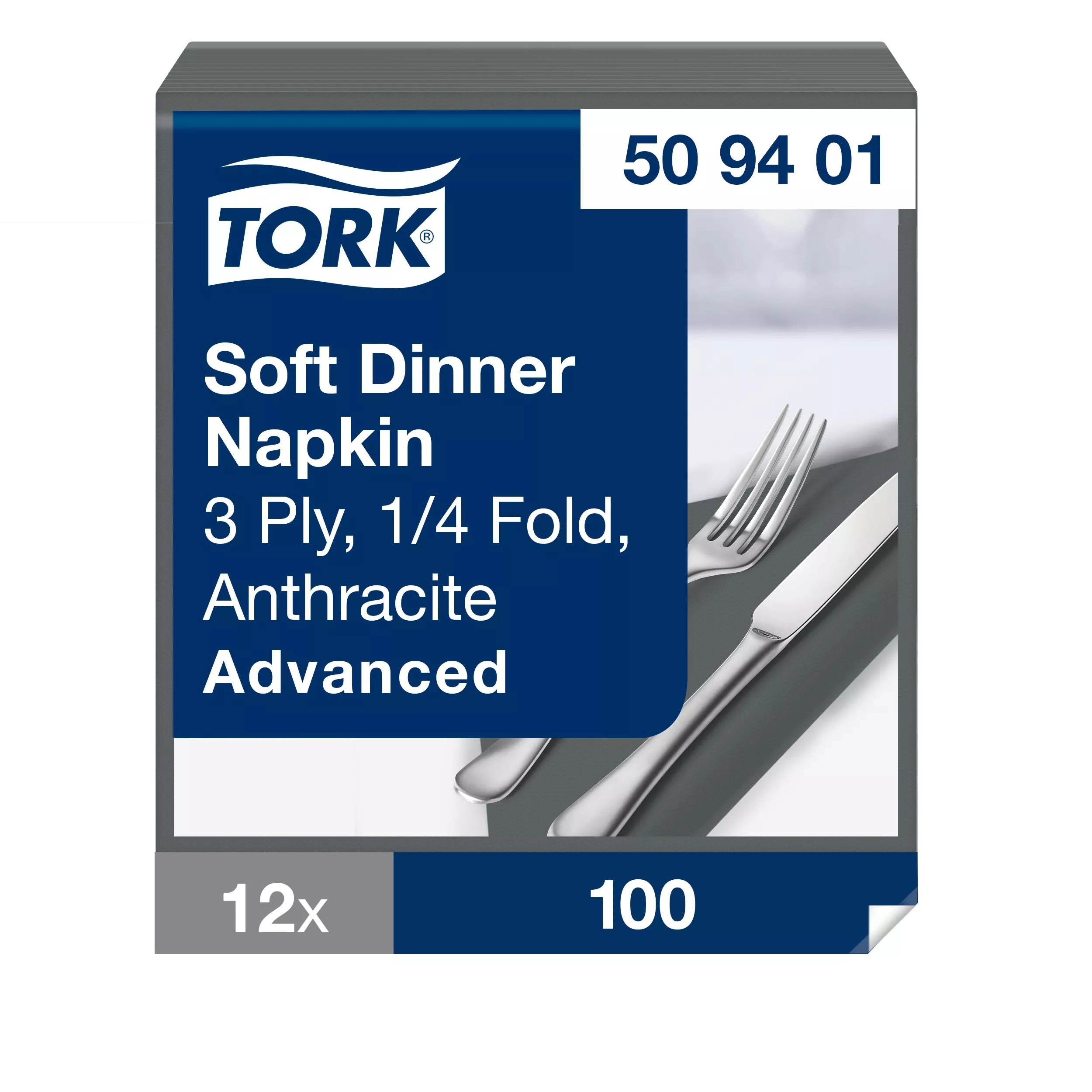 Tork Soft Dinnerservietten Anthrazit, 1/4‑Falz, 3‑lagig, 40 cm × 39 cm, 12 × 100 Servietten, 509401