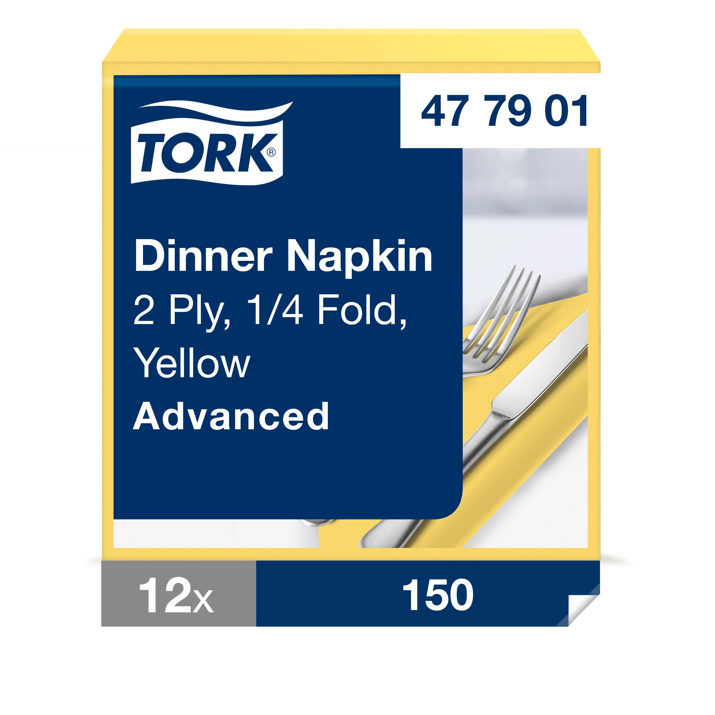 Tork Dinnerservietten Gelb, 1/4-Falz, 2‑lagig, 40 cm × 39 cm, 12 × 150 Servietten, 477901