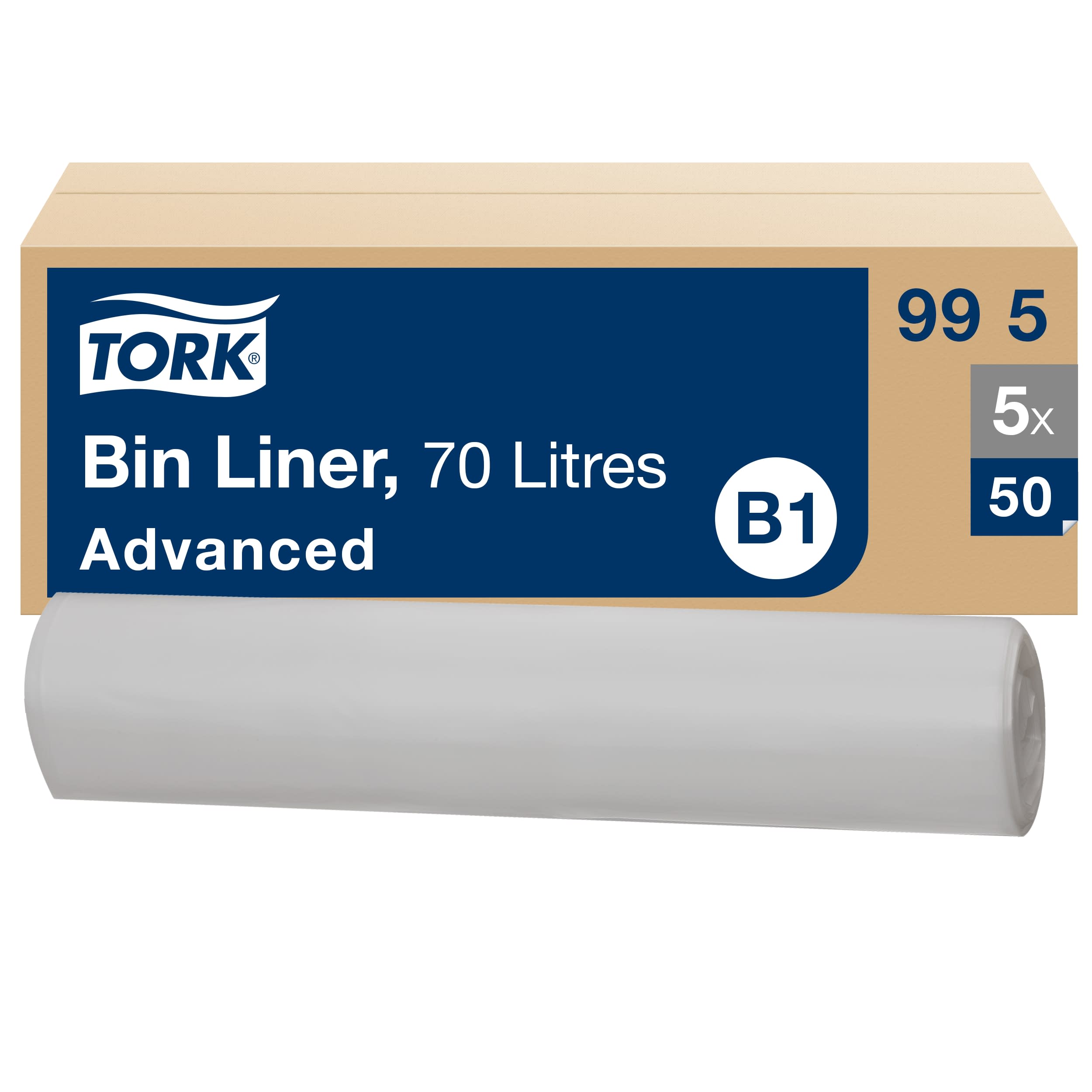 Tork 70 l Abfallsäcke Transparent B1, 55 % recycelt, Rolle für einfache Wartung, 5 × 50 Beutel, 995