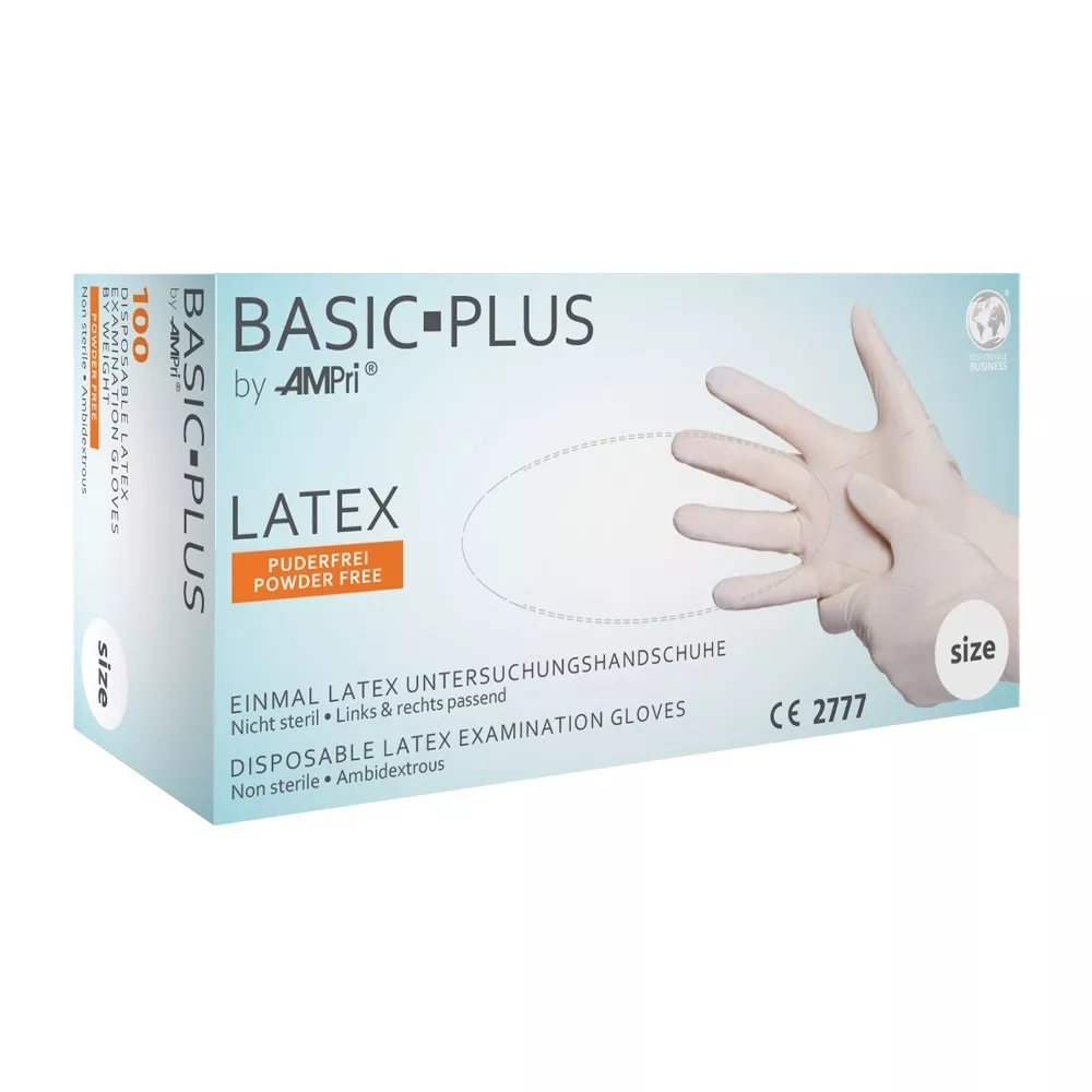 Einmalhandschuhe Latex puderfrei M – Basic Plus (100 Stück/Box)