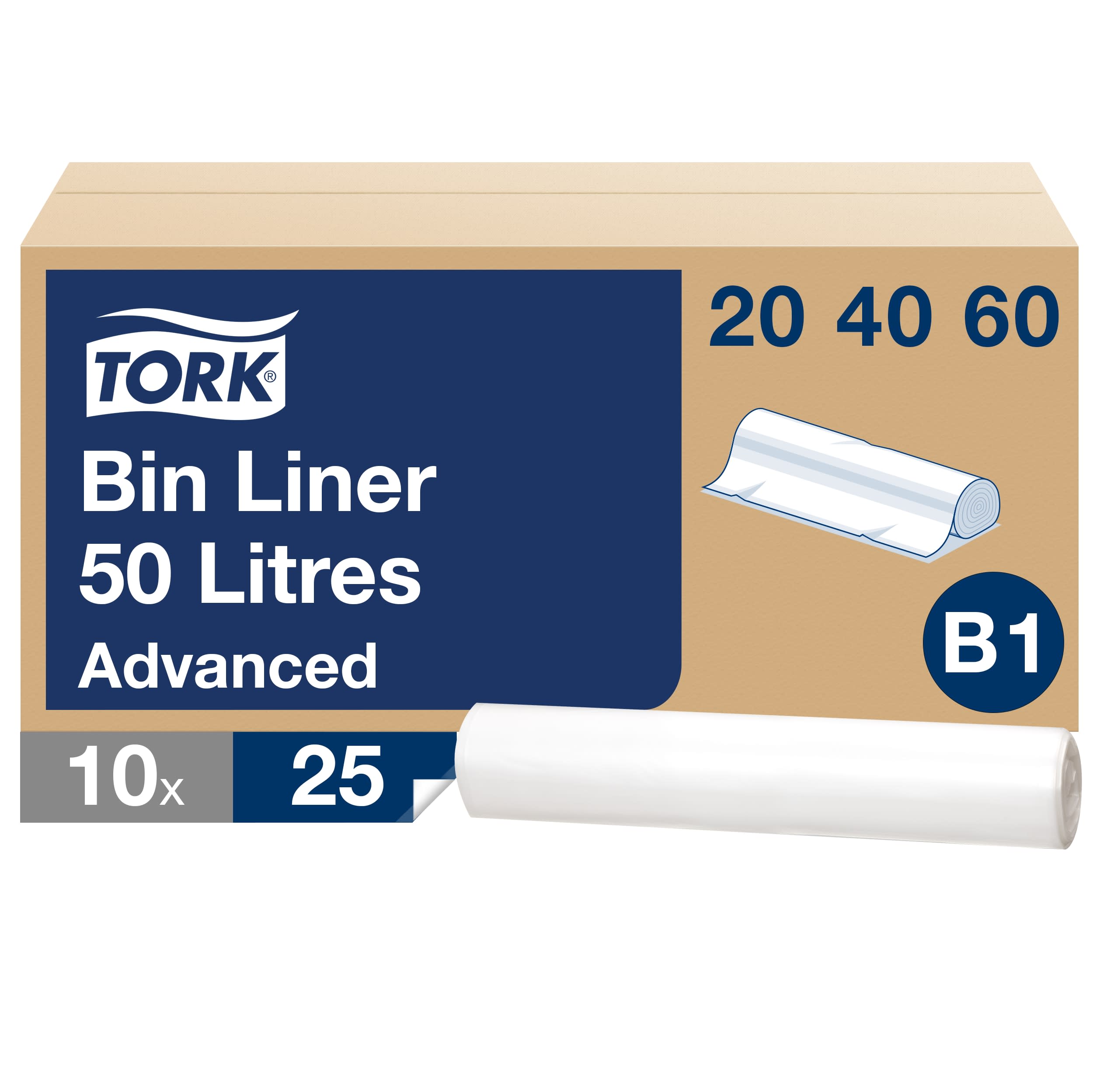 Tork 50 l Abfallsäcke Transparent B1, zu 55 % aus Recycling-Material, 10 × 25 Beutel, 204060