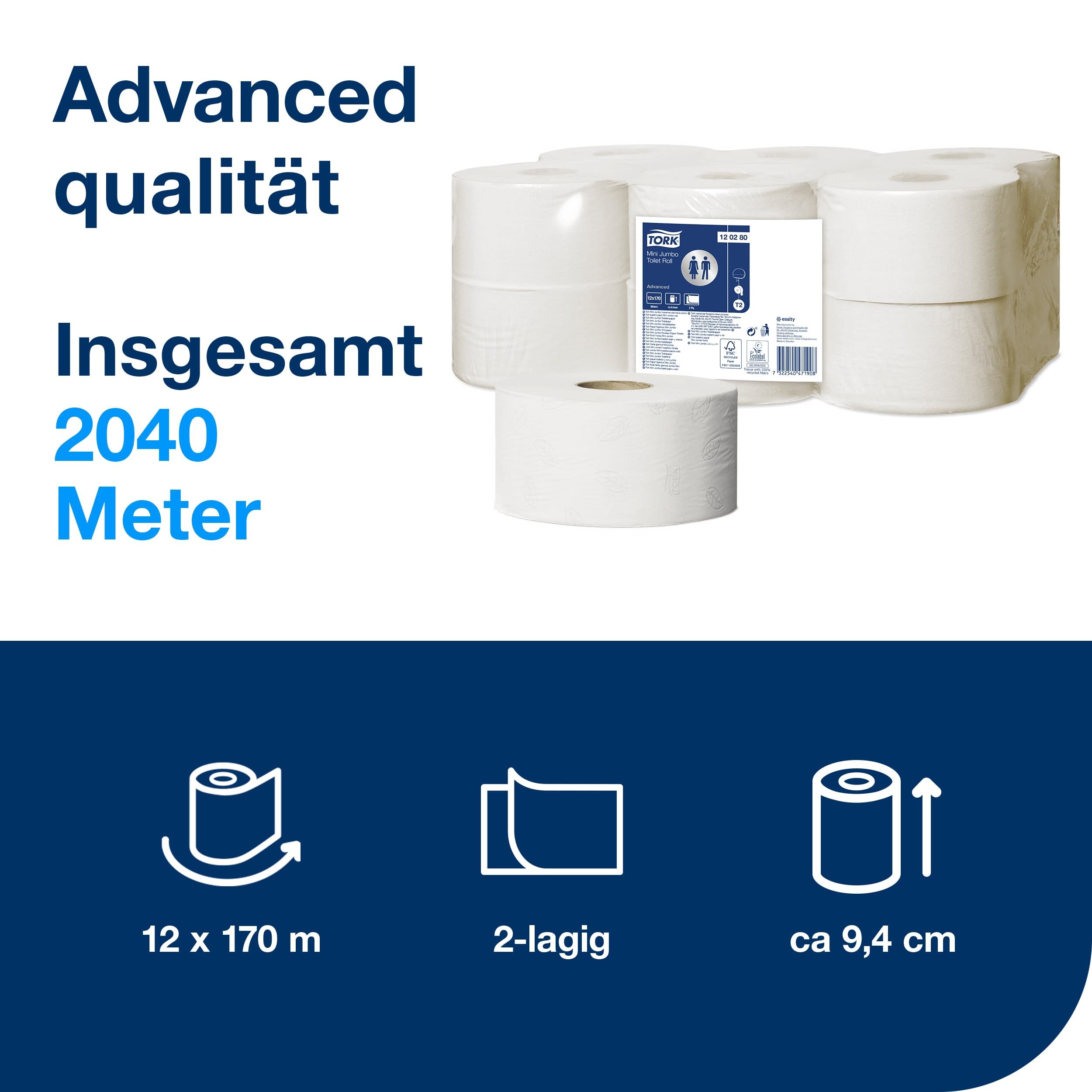 Tork Mini Jumbo Toilettenpapier Weiß T2, Advanced, 2-lagig, 12 × 170 m, 120280