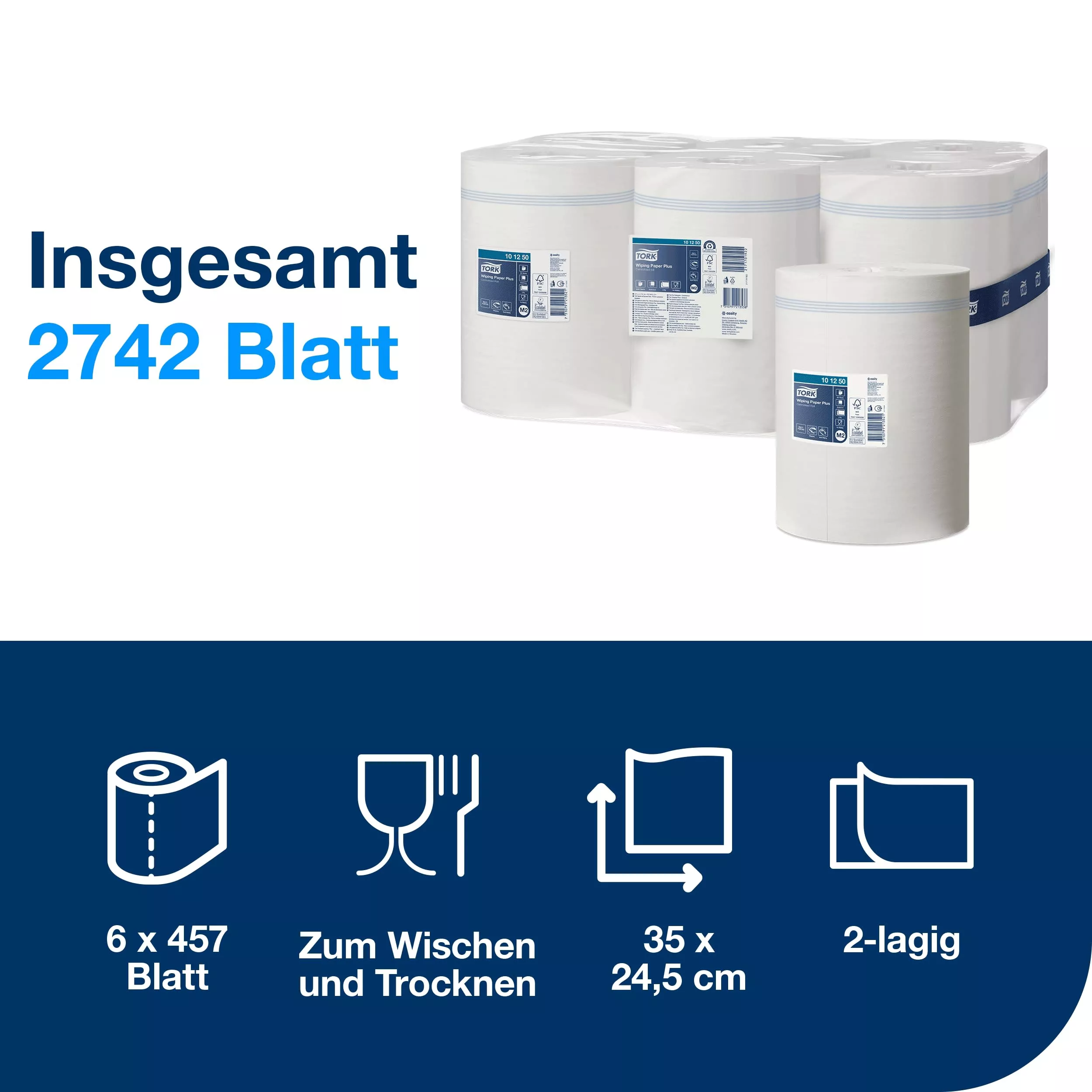 Tork Starke Mehrzweck-Papierwischtücher mit Innenabrollung Weiß M2, Saugfähig, 6 × 457 Blatt, 101250