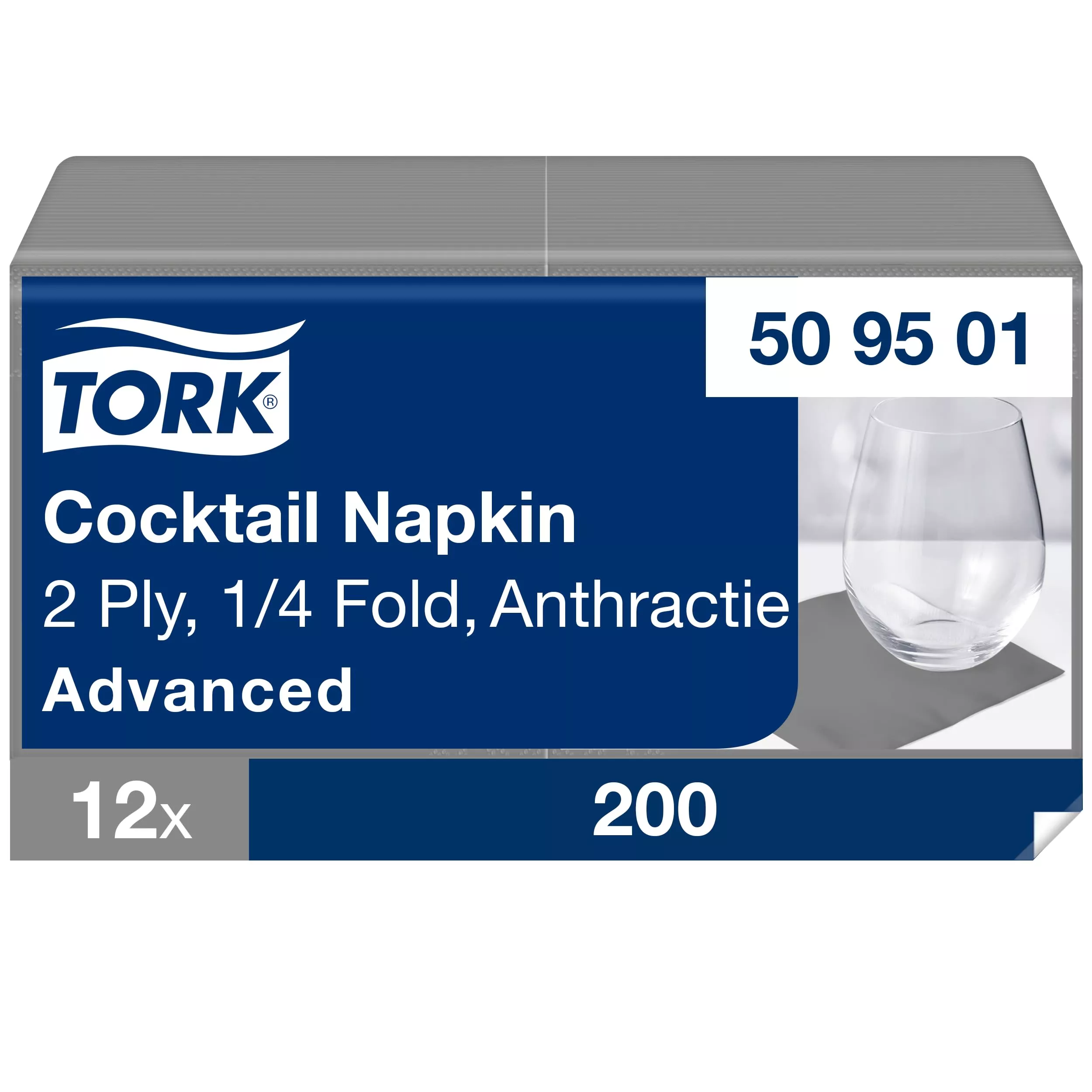 Tork Cocktailservietten Anthrazit, 1/4-Falz, 2-lagig, 24 cm × 24 cm, 12 × 200 Servietten, 509501
