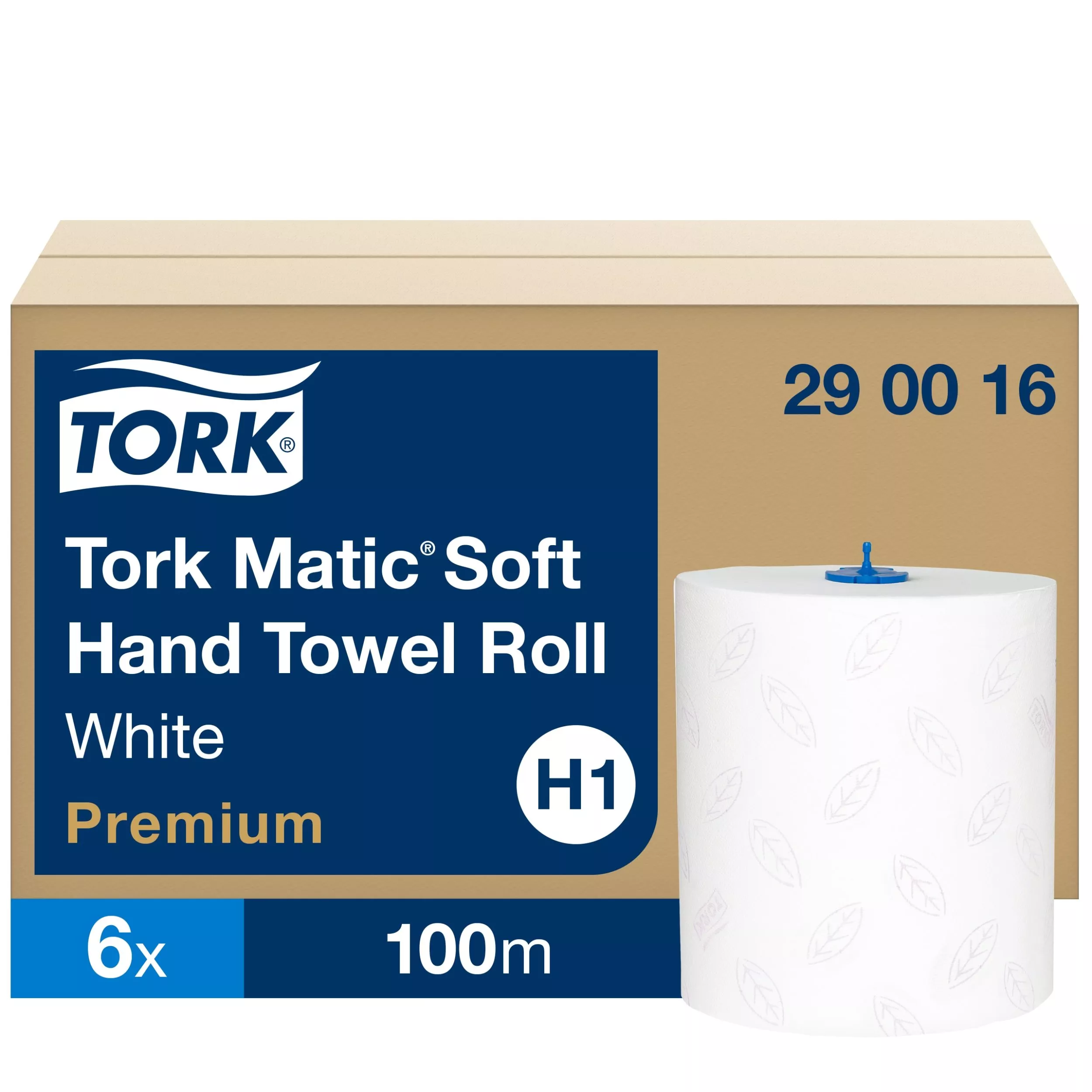 Tork Matic® Soft Papierhandtücher Weiß mit blauem Blätterdesign H1, Premium, hohe Saugfähigkeit, 6 Rollen mit je 100 m, 290016