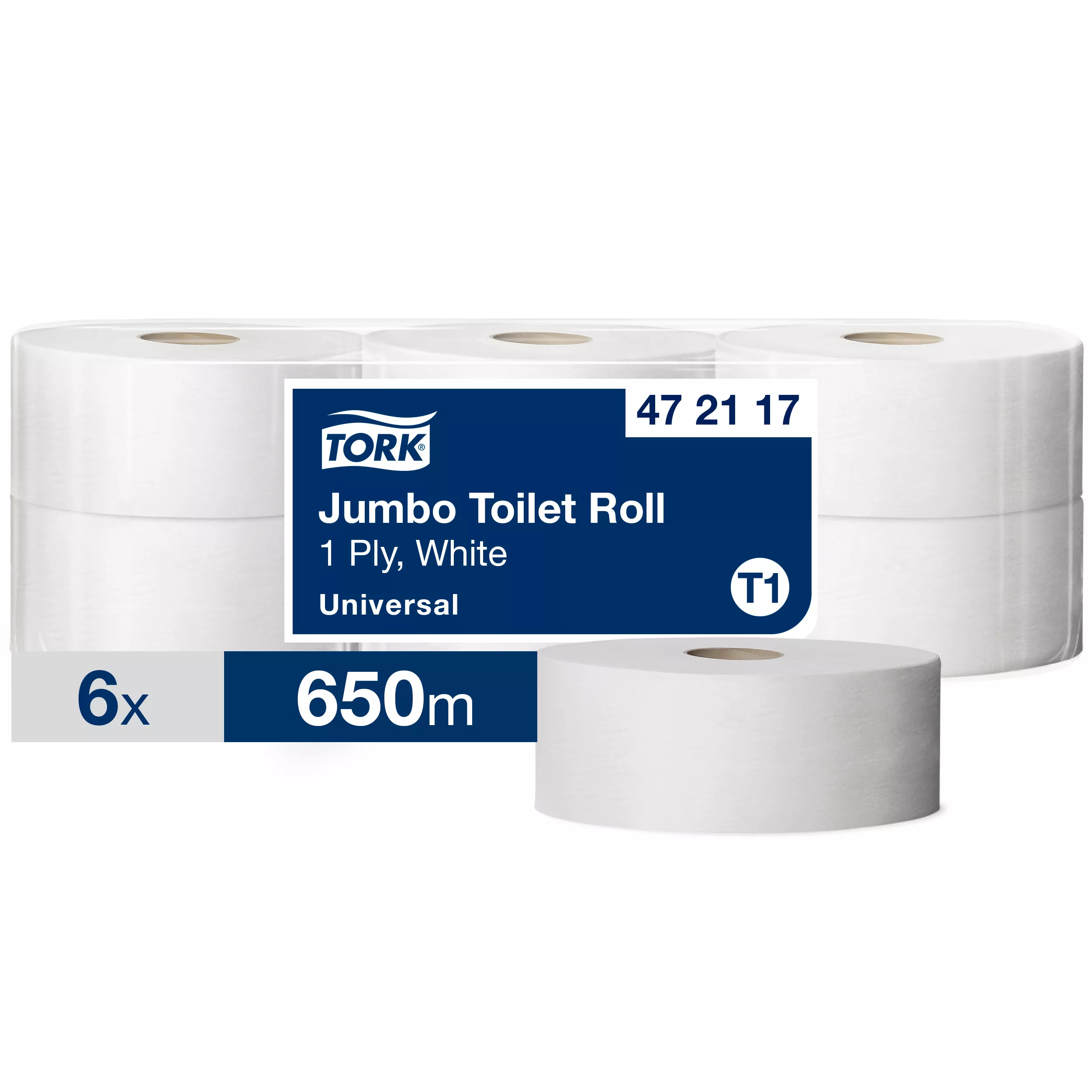 Tork Jumbo Toilettenpapier Weiß T1, Universal, 1‑lagig, 6 × 650 m, 472117