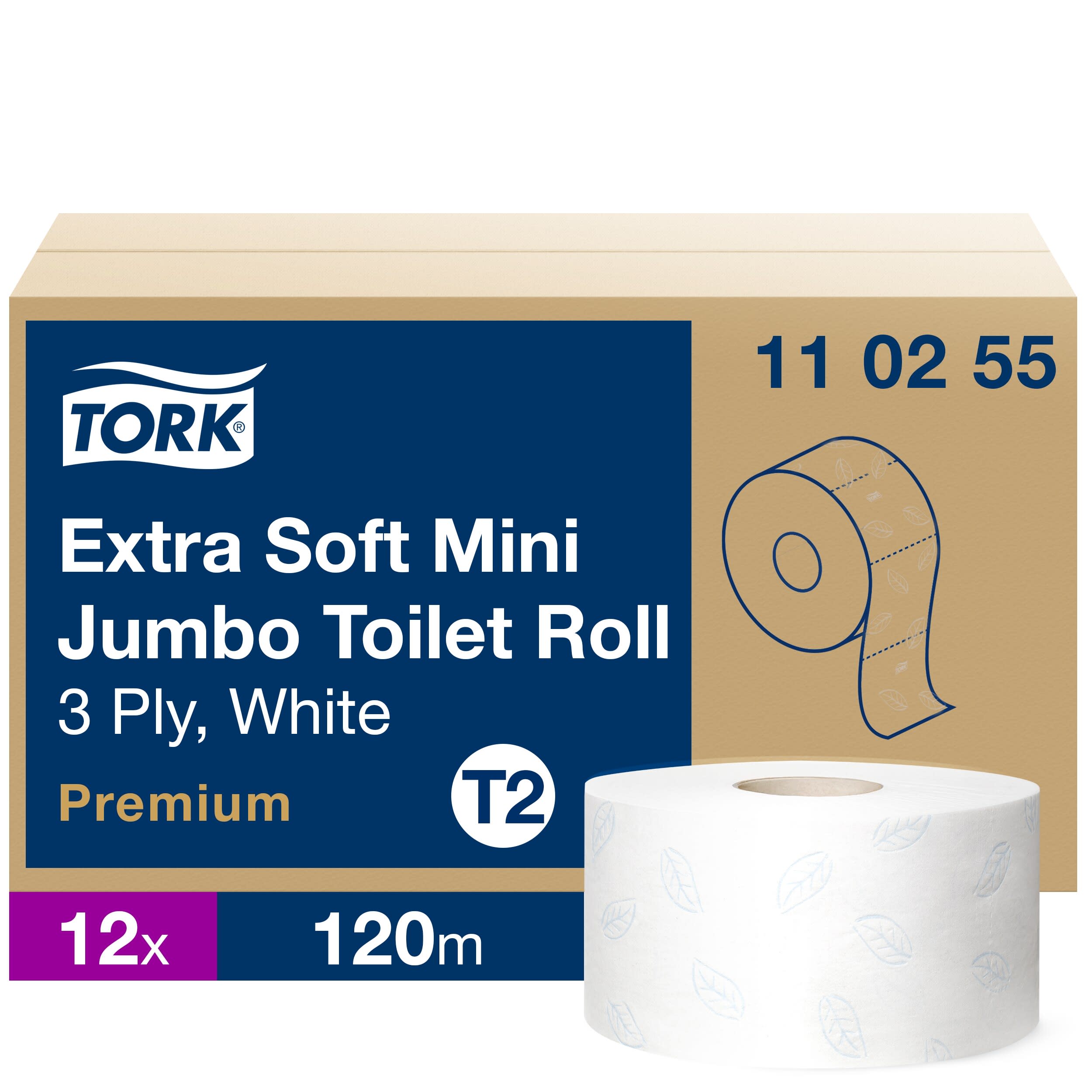 Tork extra weiches Mini Jumbo Toilettenpapier Weiß T2, Premium, 3-lagig, 12 × 120 Meter, 110255