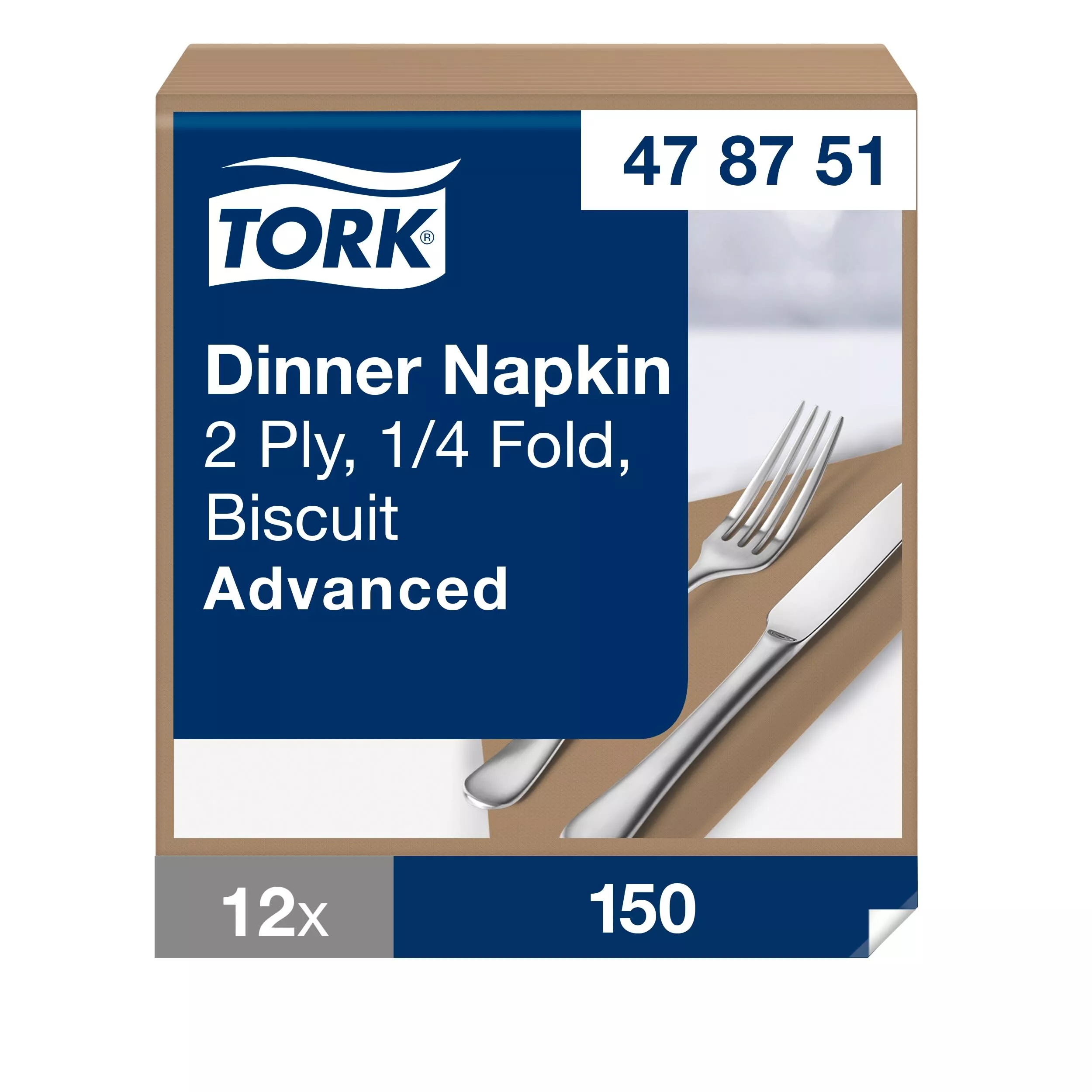 Tork Dinnerservietten Biscuit, 1/4-Falz, 2‑lagig, 40 cm × 39 cm, 12 × 150 Servietten, 478751