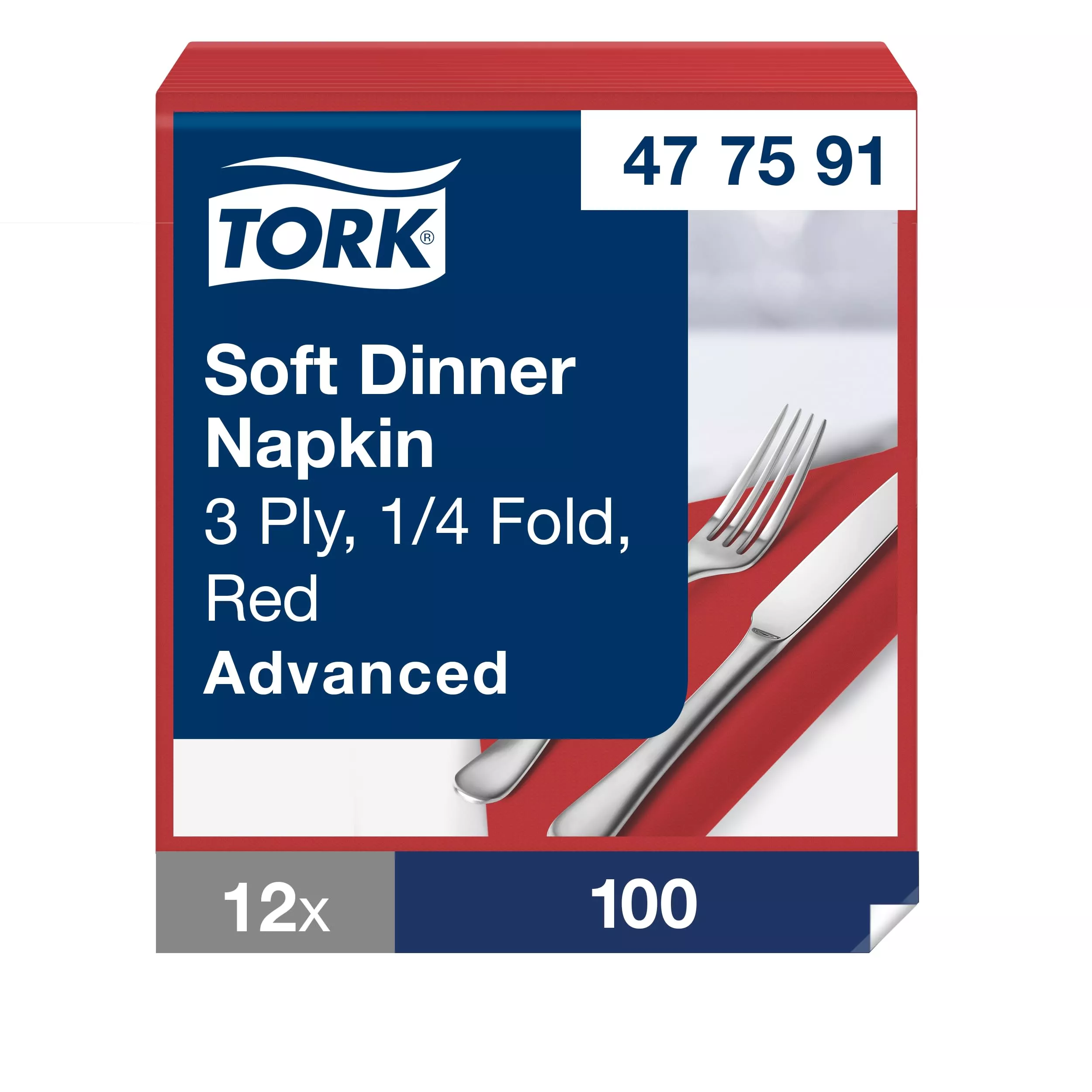 Tork Soft Dinnerservietten Rot, 1/4‑Falz, 3‑lagig, 40 cm × 39 cm, 12 × 100 Servietten, 477591