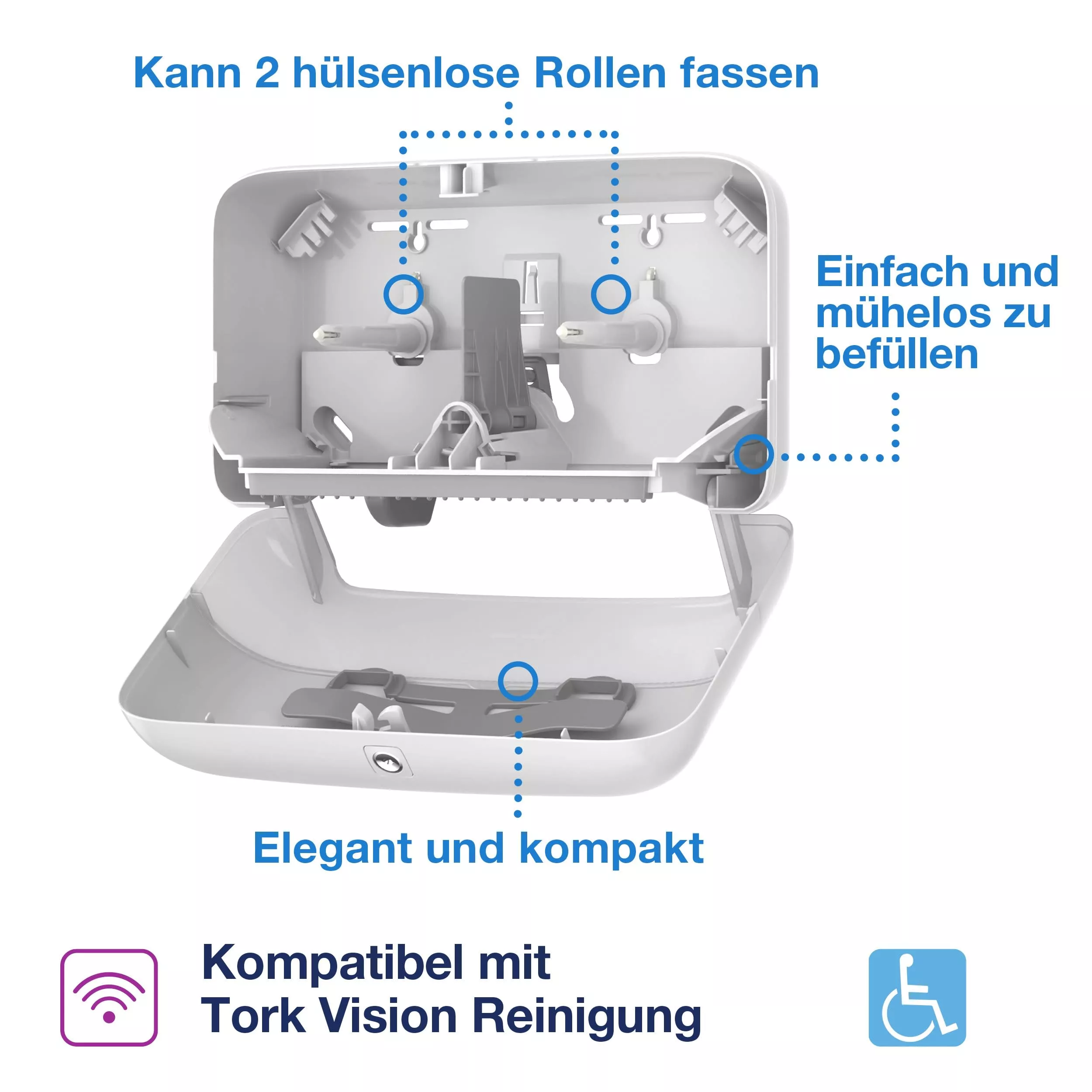 Tork OptiServe® Doppelrollenspender für Hülsenloses Toilettenpapier Schwarz T7, vertikaler Toilettenrollenspender, Elevation Design, 558042