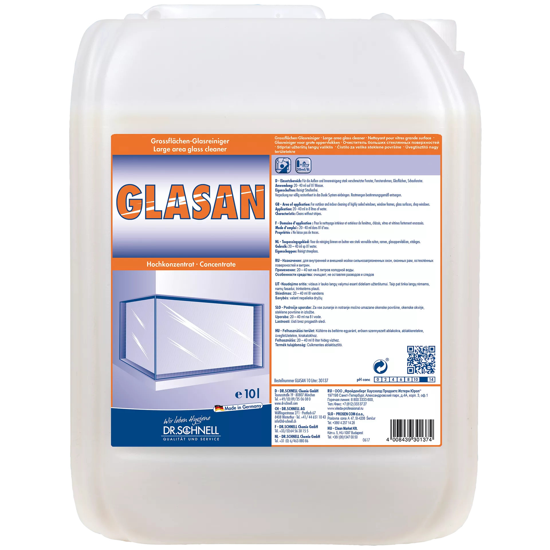 Dr. Schnell Fenster-, Glas- und Spiegelreiniger Glasan – 10 Ltr. Kanister